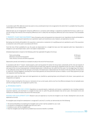 99Consolidated Financial StatementsConsolidated Financial Statements 71
In accordance with IFRS, deferred income tax assets on loss carryforwards have to be recognised to the extent that it is probable that they will be
utilised against future taxable profits.
Deferred taxes are not recognised for temporary differences in connection with holdings in subsidiaries provided that the Group is able to con-
trol the timing of the reversal of the temporary differences and it is likely that the temporary differences will not be reversed in the foreseeable
future.
f. PROPERTY, PLANT AND EQUIPMENT Items of property, plant and equipment are measured at cost. Expenditure directly attributable to
the acquisition and subsequent expenditure are capitalised, repairs and maintenance costs, however, are expensed as incurred.
Borrowing costs directly attributable to the acquisition, construction or production of a qualifying asset are capitalised as part of the acquisition
or production costs of this asset in accordance with IAS 23.
From the time of their availability for use, the assets are depreciated on a straight-line basis over their expected useful lives. Depreciation is
charged on a pro rata temporis basis. Land is not subject to depreciation.
Scheduled depreciation is based on the following useful lives applicable throughout the Group:
Plants and buildings 10–50 years
Machinery and technical equipment 4–15 years
Tools, fixtures, furniture and office equipment 3–15 years
Depreciation periods and methods are reviewed annually at the end of the financial year.
In accordance with IAS 17 “Leases”, leased property, plant and equipment for which the Group bears substantially all the risks and rewards of
ownership and which in economic terms constitute asset purchases with long-term financing are capitalised at their fair value or the lower pre-
sent value of the minimum lease payments. Scheduled depreciation is effected over the useful life of the asset. If at the beginning of the lease it
is not sufficiently certain that the title will pass to the lessee, the leased asset is depreciated over the shorter of the two periods, the lease term
or useful life. Financial obligations resulting from future lease payments are discounted and carried as a liability. Current lease payments are split
into repayment and financing costs.
Leased assets under all other lease and rental agreements are classified as operating leases and attributed to the lessor. Lease payments are
recognised as an expense.
Profits or losses resulting from the closure or retirement of non-current assets, which arise from the difference between the net realisable value
and the carrying amounts, are recognised in profit or loss.
g. INTANGIBLE ASSETS
PATENTS, TRADEMARKS AND LICENSES Expenditure on acquired patents, trademarks and licenses is capitalised at cost, including incidental
acquisition expenses, and amortised on a straight-line basis over its useful life, generally between two and ten years. Amortisation terms and
methods are reviewed annually at the end of the financial year.
RESEARCH AND DEVELOPMENT COSTS Research costs are expensed as incurred and charged to cost of sales. Development costs are also
expensed as incurred.
An intangible asset arising from development is recognised if, and only if, an entity can demonstrate all of the following:
 The technical feasibility of completing the intangible asset so that it will be available for use or sale.
 Its intention to complete the intangible asset and use or sell it.
 Its ability to use or sell the intangible asset.
 How the intangible asset will generate probable future economic benefits is verifiable.
 