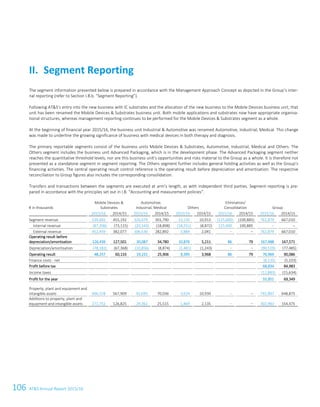106 ATS Annual Report 2015/1678 ATS Annual Report 2015/16
The segment information presented below is prepared in accordance with the Management Approach Concept as depicted in the Group’s inter-
nal reporting (refer to Section I.B.b. “Segment Reporting”).
Following ATS’s entry into the new business with IC substrates and the allocation of the new business to the Mobile Devices business unit, that
unit has been renamed the Mobile Devices  Substrates business unit. Both mobile applications and substrates now have appropriate organisa-
tional structures, whereas management reporting continues to be performed for the Mobile Devices  Substrates segment as a whole.
At the beginning of financial year 2015/16, the business unit Industrial  Automotive was renamed Automotive, Industrial, Medical. This change
was made to underline the growing significance of business with medical devices in both therapy and diagnosis.
The primary reportable segments consist of the business units Mobile Devices  Substrates, Automotive, Industrial, Medical and Others. The
Others segment includes the business unit Advanced Packaging, which is in the development phase. The Advanced Packaging segment neither
reaches the quantitative threshold levels, nor are this business unit's opportunities and risks material to the Group as a whole. It is therefore not
presented as a standalone segment in segment reporting. The Others segment further includes general holding activities as well as the Group’s
financing activities. The central operating result control reference is the operating result before depreciation and amortisation. The respective
reconciliation to Group figures also includes the corresponding consolidation.
Transfers and transactions between the segments are executed at arm’s length, as with independent third parties. Segment reporting is pre-
pared in accordance with the principles set out in I.B. “Accounting and measurement policies”.
€ in thousands
Mobile Devices 
Substrates
Automotive,
Industrial, Medical Others
Elimination/
Consolidation Group
2015/16 2014/15 2015/16 2014/15 2015/16 2014/15 2015/16 2014/15 2015/16 2014/15
Segment revenue 539,665 455,192 326,679 301,790 22,135 10,913 (125,600) (100,885) 762,879 667,010
Internal revenue (87,206) (73,115) (20,143) (18,898) (18,251) (8,872) 125,600 100,885 – –
External revenue 452,459 382,077 306,536 282,892 3,884 2,041 – – 762,879 667,010
Operating result before
depreciation/amortisation 126,439 127,501 30,087 34,780 10,876 5,211 86 79 167,488 167,571
Depreciation/amortisation (78,182) (67,368) (10,856) (8,874) (1,481) (1,243) – – (90,519) (77,485)
Operating result 48,257 60,133 19,231 25,906 9,395 3,968 86 79 76,969 90,086
Finance costs - net (8,135) (5,103)
Profit before tax 68,834 84,983
Income taxes (12,883) (15,634)
Profit for the year 55,951 69,349
Property, plant and equipment and
intangible assets 696,578 567,909 92,695 70,036 3,624 10,930 – – 792,897 648,875
Additions to property, plant and
equipment and intangible assets 271,752 126,825 29,362 25,515 1,869 2,135 – – 302,983 154,475
II. Segment Reporting
 