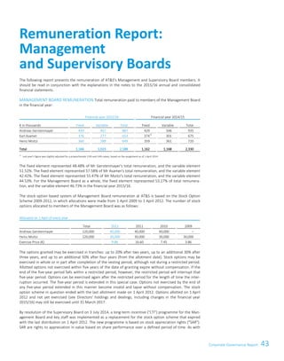 43Corporate Governance Report
Corporate Governance Report
19
The following report presents the remuneration of ATS's Management and Supervisory Board members. It
should be read in conjunction with the explanations in the notes to the 2015/16 annual and consolidated
financial statements.
MANAGEMENT BOARD REMUNERATION Total remuneration paid to members of the Management Board
in the financial year:
Financial year 2015/16 Financial year 2014/15
€ in thousands Fixed Variable Total Fixed Variable Total
Andreas Gerstenmayer 430 457 887 429 506 935
Karl Asamer 376 277 653 3741)
301 675
Heinz Moitzi 360 289 649 359 361 720
Total 1,166 1,023 2,189 1,162 1,168 2,330
1)
Last year’s figure was slightly adjusted for a proportionate 13th and 14th salary, based on the assignment as of 1 April 2014.
The fixed element represented 48.48% of Mr Gerstenmayer's total remuneration, and the variable element
51.52%. The fixed element represented 57.58% of Mr Asamer's total remuneration, and the variable element
42.42%. The fixed element represented 55.47% of Mr Moitzi's total remuneration, and the variable element
44.53%. For the Management Board as a whole, the fixed element represented 53.27% of total remunera-
tion, and the variable element 46.73% in the financial year 2015/16.
The stock option based system of Management Board remuneration at ATS is based on the Stock Option
Scheme 2009-2012, in which allocations were made from 1 April 2009 to 1 April 2012. The number of stock
options allocated to members of the Management Board was as follows:
Allocated on 1 April of every year
Total 2012 2011 2010 2009
Andreas Gerstenmayer 120,000 40,000 40,000 40,000 –
Heinz Moitzi 120,000 30,000 30,000 30,000 30,000
Exercise Price (€) 9.86 16.60 7.45 3.86
The options granted may be exercised in tranches: up to 20% after two years, up to an additional 30% after
three years, and up to an additional 50% after four years (from the allotment date). Stock options may be
exercised in whole or in part after completion of the vesting period, although not during a restricted period.
Allotted options not exercised within five years of the date of granting expire without compensation. If the
end of the five-year period falls within a restricted period, however, the restricted period will interrupt that
five-year period. Options can be exercised again after the restricted period for the length of time the inter-
ruption occurred. The five-year period is extended in this special case. Options not exercised by the end of
any five-year period extended in this manner become invalid and lapse without compensation. The stock
option scheme in question ended with the last allotment made on 1 April 2012. Options allotted on 1 April
2012 and not yet exercised (see Directors' holdings and dealings, including changes in the financial year
2015/16) may still be exercised until 31 March 2017.
By resolution of the Supervisory Board on 3 July 2014, a long-term incentive (LTI) programme for the Man-
agement Board and key staff was implemented as a replacement for the stock option scheme that expired
with the last distribution on 1 April 2012. The new programme is based on stock appreciation rights (SAR).
SAR are rights to appreciation in value based on share performance over a defined period of time. As with
Remuneration Report:
Management
and Supervisory Boards
 
