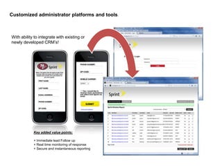 Customized administrator platforms and tools.
With ability to integrate with existing or
newly developed CRM’s!
Key added value points:
+ Immediate lead Follow up
+ Real time monitoring of response
+ Secure and instantaneous reporting
 
