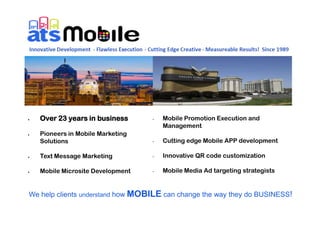Over 23 years in business
Pioneers in Mobile Marketing
Solutions
Text Message Marketing
Mobile Microsite Development
We help clients understand how MOBILE can change the way they do BUSINESS!
• Mobile Promotion Execution and
Management
• Cutting edge Mobile APP development
• Innovative QR code customization
• Mobile Media Ad targeting strategists
 