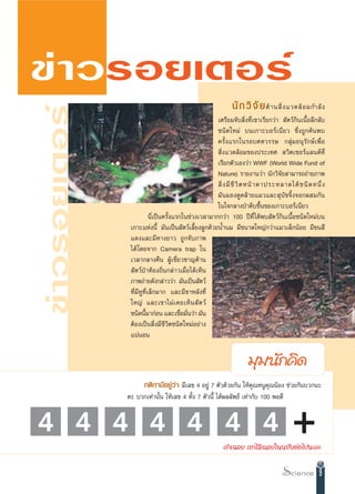 ¢à“«√Õ¬‡µÕ√å
                                                              π— ° «‘ ®— ¬ ¥â “ π ‘Ë ß ·«¥≈â Õ ¡°”≈— ß
¢à“«√Õ¬‡µÕ√å
                                                       ‡µ√’¬¡®—∫ ‘Ëß∑’Ë‡¢“‡√’¬°«à“  —µ«å°‘π‡π◊ÈÕ≈÷°≈—∫
                                                       ™π‘¥„À¡à ∫π‡°“–∫Õ√å‡π’¬« ´÷Ëß∂Ÿ°§âπæ∫
                                                       §√—Èß·√°„π√Õ∫»µ«√√… °≈ÿà¡Õπÿ√—°…å‡æ◊ËÕ
                                                        ‘Ëß·«¥≈âÕ¡¢Õßª√–‡∑»  «‘µ‡´Õ√å·≈π¥å∑’Ë
                                                       ‡√’¬°µ—«‡Õß«à“ WWF (World Wide Fund of
                                                       Nature) √“¬ß“π«à“ π—°«‘®—¬ “¡“√∂∂à“¬¿“æ
                                                        ‘Ë ß ¡’ ™’ «‘ µ Àπâ “ µ“ª√–À≈“¥‰¥â ™ π‘ ¥ Àπ÷Ë ß
                                                       ¡—π¡Õß¥Ÿ§≈â“¬·¡«·≈– ÿπ—¢®‘Èß®Õ°º ¡°—π
                                                       „π„®°≈“ßªÉ“¥‘∫™◊Èπ¢Õß‡°“–∫Õ√å‡π’¬«
                           π’Ë‡ªìπ§√—Èß·√°„π™à«ß‡«≈“¡“°°«à“ 100 ªï∑’Ë ‰¥âæ∫ —µ«å°‘π‡π◊ÈÕ™π‘¥„À¡à∫π
                ‡°“–·Ààßπ’È ¡—π‡ªìπ —µ«å‡≈’È¬ß≈Ÿ°¥â«¬πÈ”π¡ ¡’¢π“¥„À≠à°«à“·¡«‡≈Á°πâÕ¬ ¡’¢π ’
                ·¥ß·≈–¡’À“ß¬“« ∂Ÿ°®—∫¿“æ
                ‰¥â ‚¥¬®“° Camera trap „π
                ‡«≈“°≈“ß§◊π ºŸâ‡™’Ë¬«™“≠¥â“π
                 —µ«åªÉ“∑âÕß∂‘Ëπ°≈à“«‡¡◊ËÕ‰¥â‡ÀÁπ
                ¿“æ∂à“¬¥—ß°≈à“««à“ ¡—π‡ªìπ —µ«å
                ∑’Ë¡’ÀŸ∑Ë’‡≈Á°¡“° ·≈–¡’¢“À≈—ß∑’Ë
                „À≠à ·≈–‡¢“‰¡à ‡ §¬‡ÀÁ π  — µ «å
                ™π‘¥π’¡“°àÕπ ·≈–‡™◊Õ¡—π«à“ ¡—π
                        È                 Ë Ë
                µâÕß‡ªìπ ‘Ëß¡’™’«‘µ™π‘¥„À¡àÕ¬à“ß
                ·πàπÕπ


                                                                     ¡ÿ¡π—°§‘¥
                      °µ‘°“¡’Õ¬Ÿà«à“ ¡’‡≈¢ 4 Õ¬Ÿà 7 µ—«¥â«¬°—π „Àâ§ÿ≥ÀπŸ§ÿ≥πâÕß ™à«¬°—π∫«°π–
               §– ∫«°‡∑à“π—Èπ „Àâ‡≈¢ 4 ∑—Èß 7 µ—«π’È ‰¥âº≈≈—æ∏å ‡∑à“°—∫ 100 æÕ¥’


4 4 4 4 4 4 4
                                                          §”‡©≈¬ ‡Õ“‰«â‡©≈¬„π©∫—∫µàÕ‰ªπ–§–

                                                                                                     9
 