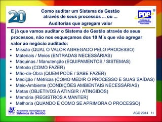 Auditorias que agregam valor
Como auditar um Sistema de Gestão
através de seus processos ... ou ...
AGO 2014 11
 Missão (QUAL O VALOR AGREGADO PELO PROCESSO)
 Materiais / Meios (ENTRADAS NECESSÁRIAS)
 Máquinas / Manutenção (EQUIPAMENTOS / SISTEMAS)
 Método (COMO FAZER)
 Mão-de-Obra (QUEM PODE / SABE FAZER)
 Medição / Métricas (COMO MEDIR O PROCESSO E SUAS SAÍDAS)
 Meio-Ambiente (CONDIÇÕES AMBIENTAIS NECESSÁRIAS)
 Metas (OBJETIVOS A ATINGIR / ATINGIDOS)
 Memória (REGISTROS A MANTER)
 Melhoria (QUANDO E COMO SE APRIMORA O PROCESSO)
E já que vamos auditar o Sistema de Gestão através de seus
processos, não nos esqueçamos dos 10 M´s que vão agregar
valor ao negócio auditado:
 
