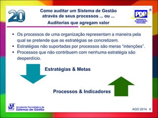 Auditorias que agregam valor
Como auditar um Sistema de Gestão
através de seus processos ... ou ...
Estratégias & Metas
Processos & Indicadores
 Os processos de uma organização representam a maneira pela
qual se pretende que as estratégias se concretizem.
 Estratégias não suportadas por processos são meras “intenções”.
 Processos que não contribuem com nenhuma estratégia são
desperdício.
AGO 2014 6
 