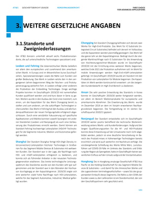 101
KONZERNLAGEBERICHT FIRST CHOICE
FOR ADVANCED APPLICATIONS
GESCHÄFTSBERICHT 2019/20AT SATS GESCHÄFTSBERICHT 2019/20 KONZERNLAGEBERICHT FIRST CHOICE
FOR ADVANCED APPLICATIONS
23
3.1.Standorte und
Zweigniederlassungen
Der ATS Konzern unterhält aktuell sechs Produktionsstan-
dorte, die auf unterschiedliche Technologien spezialisiert sind.
Leoben und Fehring Die österreichischen Werke beliefern
vor allem den europäischen und zunehmend den amerikani-
schen Markt. In Europa sind im Wesentlichen kurze Durchlauf-
zeiten, Spezialanwendungen sowie die Nähe zum Kunden von
großer Bedeutung. Das Werk in Leoben setzte den in den ver-
gangenen Jahren begonnenen Weg der Nischen- und Prototy-
penerzeugung weiterhin fort. In Leoben erfolgt unter anderem
die Produktion der Embedding Technologie. Einige wichtige
Projekte konnten im Geschäftsjahr 2019/20 mit namenhaften
Kunden qualifiziert werden und sind kurz davor in Serie zu ge-
hen. Weiters wurde in den Ausbau der Core Linie investiert, zum
einen, um die Kapazitäten für das Werk Chongqing bereit zu
stellen und zum anderen, um die zukünftigen Technologien si-
cherzustellen. Das Werk in Fehring hat den Ausbau und alle Kun-
denqualifikationen der neuen Fertigungshalle erfolgreich abge-
schlossen. Durch eine verstärkte Fokussierung auf spezifische
Applikationen und Märkte konnten sowohl Synergien mit ande-
ren Standorten (Leoben und Nanjangud) als auch eine Verbes-
serung des Produktmixes erreicht werden. Damit können am
Standort Fehring hochwertige Leiterplatten (HDI/HF-Technolo-
gie) für die Segmente Industrie, Medizin und Automotive gefer-
tigt werden.
Shanghai Der Standort Shanghai fertigt HDI-(High Density In-
terconnection)-Leiterplatten höchster Technologie in Großse-
rien für das Segment Mobile Devices  Substrates mit weltwei-
ten Kunden. Der Standort war in der Lage, die Nachfrage nach
HDI- und mSAP-Leiterplatten erfolgreich zu bedienen, und
konnte sich als führender Anbieter in der neuesten Technolo-
giegeneration etablieren. Das breite technologische Leistungs-
spektrum des Standortes wurde von den Kunden sehr gut auf-
genommen und der Standort war in den Monaten der Hochsai-
son durchgängig an der Kapazitätsgrenze. 2019/20 zeigte sich
eine weiterhin stabil hohe Nachfrage nach HDI-Leiterplatten,
welche für das Segment Automotive, Industrial, Medical gefer-
tigt wurden.
Chongqing Am Standort Chongqing befinden sich derzeit zwei
Werke für High-End-Produkte. Das Werk für IC-Substrate (In-
tegrated Circuit Substrates) befindet sich derzeit im Vollausbau
und die Kapazitäten werden planmäßig gesteigert. Das Werk lief
das ganze Jahr an der Kapazitätsgrenze. Bedingt durch die stei-
gende Marktnachfrage nach IC-Substraten für die Anwendung
von Hochleistungsrechner-Modulen wurde im Geschäftsjahr
2019/20 mit der Errichtung eines weiteren Werks begonnen,
welches Ende 2021 die Produktion aufnehmen soll. Im Werk für
mobile Anwendungen werden High-End-mSAP-Leiterplatten
gefertigt. Im Geschäftsjahr 2019/20 wurde am Standort mit der
Produktion von Leiterplatten für Module begonnen. Die Kapazi-
täten im Werk werden kontinuierlich erweitert um die steigen-
den Kundenbedarfe im High-End-Bereich zu bedienen.
Ansan Die sehr positive Entwicklung des Standorts in Korea
konnte im Geschäftsjahr 2019/20 weiter fortgesetzt werden,
vor allem im Bereich Medizinprodukte für europäische und
amerikanische Abnehmer. Die Erweiterung des Werks wurde
im Dezember 2019 an dem im Vorjahr erworbenen Nachbar-
grundstück begonnen. Die Fertigstellung ist im vierten Ge-
schäftsquartal 2020/21 geplant.
Nanjangud Der Standort entwickelte sich im Geschäftsjahr
2019/20 weiter positiv betreffend die technische Weiterent-
wicklung seitens Markt- und Kundenforderungen. Aufgrund der
langen Qualifizierungszeiten für die HF- und HDI-Produkte
konnte diese Entwicklung auf der Umsatzseite noch nicht abge-
bildet werden, jedoch ist eine deutliche Verschiebung im Be-
reich des Produkt-mixes in höherwertige Technologien bereits
ersichtlich und wird auch weiterhin mit Nachdruck verfolgt. Die
vorübergehende Schließung des Werks Mitte März, zurückzu-
führen auf COVID-19-Fälle im Umkreis des Standorts und Erklä-
rung derRegion als Sperrgebiet,hatte imGeschäftsjahrkeinen we-
sentlichen Einfluss auf den Umsatz aufgrund derVorstartsituation.
Hongkong Die in Hongkong ansässige Gesellschaft ATS Asia
Pacific ist die Holding-Gesellschaft für das Segment Mobile De-
vices  Substrates – und damit für die chinesischen Werke und
die zugeordneten Vertriebsgesellschaften – sowie Sitz des grup-
penweiten Einkaufs dieses Segments. Die Nähe zu den CEMs der
Kunden sowie zu den Lieferanten ist ein Standortvorteil, der von
den Geschäftspartnern sehr geschätzt wird.
3. WEITERE GESETZLICHE ANGABEN
 