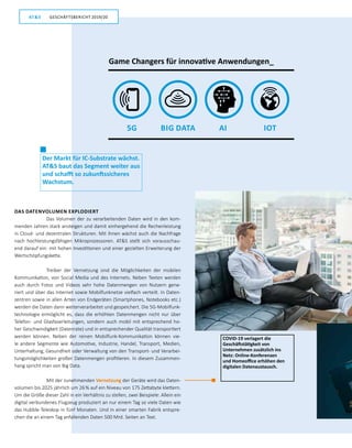 8
GESCHÄFTSBERICHT 2019/20AT S --
DAS DATENVOLUMEN EXPLODIERT
Das Volumen der zu verarbeitenden Daten wird in den kom­
menden Jahren stark ansteigen und damit einhergehend die Rechenleistung
in Cloud- und dezentralen Strukturen. Mit ihnen wächst auch die Nachfrage
nach hochleistungsfähigen Mikroprozessoren. ATS stellt sich vorausschau­
end darauf ein: mit hohen Investitionen und einer gezielten Erweiterung der
Wertschöpfungskette.
Treiber der Vernetzung sind die Möglichkeiten der mobilen
Kommunikation, von Social Media und des Internets. Neben Texten werden
auch durch Fotos und Videos sehr hohe Datenmengen von Nutzern gene­
riert und über das Internet sowie Mobilfunknetze vielfach verteilt. In Daten­
zentren sowie in allen Arten von Endgeräten (Smartphones, Notebooks etc.)
werden die Daten dann weiterverarbeitet und gespeichert. Die 5G-Mobilfunk­
technologie ermöglicht es, dass die erhöhten Datenmengen nicht nur über
Telefon- und Glasfaserleitungen, sondern auch mobil mit entsprechend ho­
her Geschwindigkeit (Datenrate) und in entsprechender Qualität transportiert
werden können. Neben der reinen Mobilfunk-Kommunikation können vie­
le andere Segmente wie Automotive, Industrie, Handel, Transport, Medien,
Unterhaltung, Gesundheit oder Verwaltung von den Transport- und Verarbei­
tungsmöglichkeiten großer Datenmengen profitieren. In diesem Zusammen­
hang spricht man von Big Data.
Mit der zunehmenden Vernetzung der Geräte wird das Daten­
volumen bis 2025 jährlich um 26 % auf ein Niveau von 175 Zettabyte klettern.
Um die Größe dieser Zahl in ein Verhältnis zu stellen, zwei Beispiele: Allein ein
digital verbundenes Flugzeug produziert an nur einem Tag so viele Daten wie
das Hubble-Teleskop in fünf Monaten. Und in einer smarten Fabrik entspre­
chen die an einem Tag anfallenden Daten 500 Mrd. Seiten an Text.
COVID-19 verlagert die
Geschäftstätigkeit von
Unternehmen zusätzlich ins
Netz: Online-Konferenzen
und Homeoffice erhöhen den
digitalen Datenaustausch.
Der Markt für IC-Substrate wächst.
ATS baut das Segment weiter aus
und schafft so zukunftssicheres
Wachstum.
5G BIG DATA AI IOT
Game Changers für innovative Anwendungen_
GESCHÄFTSBERICHT 2019/20AT S
 
