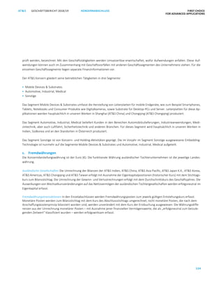 GESCHÄFTSBERICHT 2018/19AT S FIRST CHOICE
FOR ADVANCED APPLICATIONS
124
KONZERNABSCHLUSS
ATS GESCHÄFTSBERICHT 2019/20 KONZERNABSCHLUSS FIRST CHOICE
FOR ADVANCED APPLICATIONS
45
prüft werden, bezeichnet. Mit den Geschäftstätigkeiten werden Umsatzerlöse erwirtschaftet, wofür Aufwendungen anfallen. Diese Auf-
wendungen können auch im Zusammenhang mit Geschäftsvorfällen mit anderen Geschäftssegmenten des Unternehmens stehen. Für die
einzelnen Geschäftssegmente liegen separate Finanzinformationen vor.
Der ATS Konzern gliedert seine betrieblichen Tätigkeiten in drei Segmente:
 Mobile Devices  Substrates
 Automotive, Industrial, Medical
 Sonstige
Das Segment Mobile Devices  Substrates umfasst die Herstellung von Leiterplatten für mobile Endgeräte, wie zum Beispiel Smartphones,
Tablets, Notebooks und Consumer-Produkte wie Digitalkameras, sowie Substrate für Desktop-PCs und Server. Leiterplatten für diese Ap-
plikationen werden hauptsächlich in unseren Werken in Shanghai (ATS China) und Chongqing (ATS Chongqing) produziert.
Das Segment Automotive, Industrial, Medical beliefert Kunden in den Bereichen Automobilzulieferungen, Industrieanwendungen, Medi-
zintechnik, aber auch Luftfahrt, Sicherheitstechnik und anderen Branchen. Für dieses Segment wird hauptsächlich in unseren Werken in
Indien, Südkorea und an den Standorten in Österreich produziert.
Das Segment Sonstige ist von Konzern- und Holding-Aktivitäten geprägt. Die im Vorjahr im Segment Sonstige ausgewiesene Embedding-
Technologie ist nunmehr auf die Segmente Mobile Devices  Substrates und Automotive, Industrial, Medical aufgeteilt.
c. Fremdwährungen
Die Konzerndarstellungswährung ist der Euro (€). Die funktionale Währung ausländischer Tochterunternehmen ist die jeweilige Landes-
währung.
Ausländische Gesellschaften Die Umrechnung der Bilanzen der ATS Indien, ATS China, ATS Asia Pacific, ATS Japan K.K., ATS Korea,
ATS Americas, ATS Chongqing und ATS Taiwan erfolgt mit Ausnahme der Eigenkapitalpositionen (historischer Kurs) mit dem Stichtags-
kurs zum Bilanzstichtag. Die Umrechnung der Gewinn- und Verlustrechnungen erfolgt mit dem Durchschnittskurs des Geschäftsjahres. Die
Auswirkungen von Wechselkursveränderungen auf das Nettovermögen der ausländischen Tochtergesellschaften werden erfolgsneutral im
Eigenkapital erfasst.
Fremdwährungstransaktionen In den Einzelabschlüssen werden Fremdwährungsposten zum jeweils gültigen Entstehungskurs erfasst.
Monetäre Posten werden zum Bilanzstichtag mit dem Kurs des Abschlussstichtags umgerechnet; nicht monetäre Posten, die nach dem
Anschaffungskostenprinzip bilanziert worden sind, werden unverändert mit dem Kurs der Erstbuchung ausgewiesen. Die Währungsdiffe-
renzen aus der Umrechnung monetärer Posten – mit Ausnahme jener finanziellen Vermögenswerte, die als „erfolgsneutral zum beizule-
genden Zeitwert“ klassifiziert wurden – werden erfolgswirksam erfasst.
 