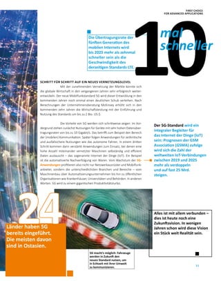 11
Die Übertragungsrate der
fünften Generation des
mobilen Internets wird
bis 2025 mehr als zehnmal
schneller sein als die
Geschwindigkeit des
derzeitigen Standards LTE.
5G macht’s möglich: Fahrzeuge
werden in Zukunft den
neuen Standard nutzen, um
in Echtzeit mit ihrer Umwelt
zu kommunizieren.
Länder haben 5G
bereits eingeführt.
Die meisten davon
sind in Ostasien.
SCHRITT FÜR SCHRITT AUF EIN NEUES VERNETZUNGSLEVEL
Mit der zunehmenden Vernetzung der Märkte konnte sich
die globale Wirtschaft in den vergangenen Jahren sehr erfolgreich weiter­
entwickeln. Der neue Mobilfunkstandard 5G wird dieser Entwicklung in den
kommenden Jahren noch einmal einen deutlichen Schub verleihen. Nach
Berechnungen der Unternehmensberatung McKinsey erhöht sich in den
kommenden zehn Jahren die Wirtschaftsleistung mit der Einführung und
Nutzung des Standards um bis zu 2 Bio. US-$.
Die Vorteile von 5G werden sich schrittweise zeigen: Im Vor­
dergrund stehen zunächst Nutzungen für Geräte mit sehr hohen Datenüber­
tragungsraten von bis zu 10 Gigabit/s. Das betrifft zum Beispiel den Bereich
der (mobilen) Kommunikation. Später folgen Anwendungen für zeitkritische
und ausfallsichere Nutzungen wie das autonome Fahren. In einem dritten
Schritt kommen dann verstärkt Anwendungen zum Einsatz, bei denen eine
hohe Anzahl miteinander vernetzter Maschinen selbständig und effizient
Daten austauscht – das sogenannte Internet der Dinge (IoT). Ein Beispiel
ist die automatisierte Nachverfolgung von Waren. Vom Wachstum der 5G-­
Anwen­dungen profitieren also nicht nur Netzwerkausrüster und Mobilfunk­
anbieter, sondern die unterschiedlichsten Branchen und Bereiche  – vom
Maschinenbau über Automatisierungsunternehmen bis hin zu öffentlichen
Organisationen wie Krankenhäuser, Universitäten und Behörden. In anderen
Worten: 5G wird zu einem gigantischen Produktivitätsturbo.
24
Der 5G-Standard wird ein
integraler Begleiter für
das Internet der Dinge (IoT)
sein: Prognosen der GSM
Association (GSMA) zufolge
wird sich die Zahl der
weltweiten IoT-Verbindungen
zwischen 2019 und 2025
mehr als verdoppeln
und auf fast 25 Mrd.
steigen.
Nores
10mal
schneller
Alles ist mit allem verbunden –
dies ist heute noch eine
Zukunftsvision. In wenigen
Jahren schon wird diese Vision
ein Stück weit Realität sein.
FIRST CHOICE
FOR ADVANCED APPLICATIONS
 
