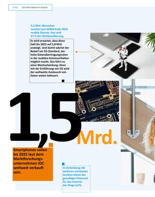 12
GESCHÄFTSBERICHT 2019/20AT S
5,2 Mrd. Menschen
nutzten laut GSMA Ende 2019
mobile Dienste. Das sind
67 % der Weltbevölkerung.
In Verbindung mit
weiteren vernetzten
Geräten bietet das
gewaltiges Potenzial
für das Internet
der Dinge (IoT).
Mrd.Smartphones sollen
bis 2025 laut dem
Marktforschungs-
unternehmen IDC
weltweit verkauft
sein.
Es wird erwartet, dass diese
Zahl bis 2025 auf 5,8 Mrd.
ansteigt. Und damit wächst der
Bedarf am 5G-Standard, der
hohe Datenübertragungsraten
in der mobilen Kommunikation
möglich macht. Das führt zu
einer Wechselwirkung: Denn
mit der Einführung von 5G wird
der weltweite Austausch von
Daten weiter befeuert.
1,5
GESCHÄFTSBERICHT 2019/20AT S
 