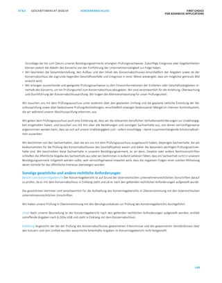 GESCHÄFTSBERICHT 2018/19AT S FIRST CHOICE
FOR ADVANCED APPLICATIONS
188
KONZERNABSCHLUSS
ATS GESCHÄFTSBERICHT 2019/20 BESTÄTIGUNGSVERMERK FIRST CHOICE
FOR ADVANCED APPLICATIONS
109
Grundlage der bis zum Datum unseres Bestätigungsvermerks erlangten Prüfungsnachweise. Zukünftige Ereignisse oder Gegebenheiten
können jedoch die Abkehr des Konzerns von der Fortführung der Unternehmenstätigkeit zur Folge haben.
 Wir beurteilen die Gesamtdarstellung, den Aufbau und den Inhalt des Konzernabschlusses einschließlich der Angaben sowie ob der
Konzernabschluss die zugrunde liegenden Geschäftsvorfälle und Ereignisse in einer Weise wiedergibt, dass ein möglichst getreues Bild
erreicht wird.
 Wir erlangen ausreichende und geeignete Prüfungsnachweise zu den Finanzinformationen der Einheiten oder Geschäftstätigkeiten in-
nerhalb des Konzerns, um ein Prüfungsurteil zum Konzernabschluss abzugeben. Wir sind verantwortlich für die Anleitung, Überwachung
und Durchführung der Konzernabschlussprüfung. Wir tragen die Alleinverantwortung für unser Prüfungsurteil.
Wir tauschen uns mit dem Prüfungsausschuss unter anderem über den geplanten Umfang und die geplante zeitliche Einteilung der Ab-
schlussprüfung sowie über bedeutsame Prüfungsfeststellungen, einschließlich etwaiger bedeutsamer Mängel im internen Kontrollsystem,
die wir während unserer Abschlussprüfung erkennen, aus.
Wir geben dem Prüfungsausschuss auch eine Erklärung ab, dass wir die relevanten beruflichen Verhaltensanforderungen zur Unabhängig-
keit eingehalten haben, und tauschen uns mit ihm über alle Beziehungen und sonstigen Sachverhalte aus, von denen vernünftigerweise
angenommen werden kann, dass sie sich auf unsere Unabhängigkeit und – sofern einschlägig – damit zusammenhängende Schutzmaßnah-
men auswirken.
Wir bestimmen von den Sachverhalten, über die wir uns mit dem Prüfungsausschuss ausgetauscht haben, diejenigen Sachverhalte, die am
bedeutsamsten für die Prüfung des Konzernabschlusses des Geschäftsjahres waren und daher die besonders wichtigen Prüfungssachver-
halte sind. Wir beschreiben diese Sachverhalte in unserem Bestätigungsvermerk, es sei denn, Gesetze oder andere Rechtsvorschriften
schließen die öffentliche Angabe des Sachverhalts aus oder wir bestimmen in äußerst seltenen Fällen, dass ein Sachverhalt nicht in unserem
Bestätigungsvermerk mitgeteilt werden sollte, weil vernünftigerweise erwartet wird, dass die negativen Folgen einer solchen Mitteilung
deren Vorteile für das öffentliche Interesse übersteigen würden.
Sonstige gesetzliche und andere rechtliche Anforderungen
Bericht zum Konzernlagebericht Der Konzernlagebericht ist auf Grund der österreichischen unternehmensrechtlichen Vorschriften darauf
zu prüfen, ob er mit dem Konzernabschluss in Einklang steht und ob er nach den geltenden rechtlichen Anforderungen aufgestellt wurde.
Die gesetzlichen Vertreter sind verantwortlich für die Aufstellung des Konzernlageberichts in Übereinstimmung mit den österreichischen
unternehmensrechtlichen Vorschriften.
Wir haben unsere Prüfung in Übereinstimmung mit den Berufsgrundsätzen zur Prüfung des Konzernlageberichts durchgeführt.
Urteil Nach unserer Beurteilung ist der Konzernlagebericht nach den geltenden rechtlichen Anforderungen aufgestellt worden, enthält
zutreffende Angaben nach § 243a UGB und steht in Einklang mit dem Konzernabschluss.
Erklärung Angesichts der bei der Prüfung des Konzernabschlusses gewonnenen Erkenntnisse und des gewonnenen Verständnisses über
den Konzern und sein Umfeld wurden wesentliche fehlerhafte Angaben im Konzernlagebericht nicht festgestellt.
 