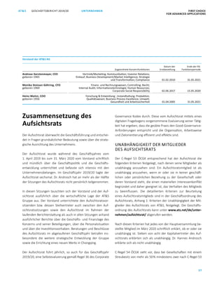 FIRST CHOICE
FOR ADVANCED APPLICATIONS
GESCHÄFTSBERICHT 2019/20AT S
37
UNTERNEHMEN
Zusammensetzung des
Aufsichtsrats
Der Aufsichtsrat überwacht die Geschäftsführung und entschei­
det in Fragen grundsätzlicher Bedeutung sowie über die strate­
gische Ausrichtung des Unternehmens.
Der Aufsichtsrat wurde während des Geschäftsjahres vom
1. April 2019 bis zum 31. März 2020 vom Vorstand schriftlich
und mündlich über die Geschäftspolitik und die Geschäfts­
entwicklung unterrichtet und befasste sich intensiv mit den
Unternehmensbelangen. Im Geschäftsjahr 2019/20 tagte der
Aufsichtsrat sechsmal. Dr. Androsch hat an mehr als der Hälfte
der Sitzungen des Aufsichtsrats nicht persönlich teilgenommen.
In diesen Sitzungen tauschten sich der Vorstand und der Auf­
sichtsrat ausführlich über die wirtschaftliche Lage der ATS
Gruppe aus. Der Vorstand unterrichtete den Aufsichtsratsvor­
sitzenden bzw. dessen Stellvertreter auch zwischen den Auf­
sichtsratssitzungen sowie den Aufsichtsrat im Rahmen der
laufenden Berichterstattung als auch in allen Sitzungen anhand
ausführlicher Berichte über die Geschäfts- und Finanzlage des
Konzerns und seiner Beteiligungen, über die Personalsituation
und über die Investitionsvorhaben. Beratungen und Beschlüsse
des Aufsichtsrats im abgelaufenen Geschäftsjahr betrafen ins­
besondere die weitere strategische Entwicklung der Gruppe
sowie die Errichtung eines neuen Werks in Chongqing.
Der Aufsichtsrat führt jährlich, so auch für das Geschäftsjahr
2019/20, eine Selbstevaluierung gemäß Regel 36 des Corporate
Vorstand der ATS AG
Zugeordnete Konzernfunktionen
Datum der
Erstbestellung
Ende der lfd.
Funktionsperiode
Andreas Gerstenmayer, CEO
geboren 1965
Vertrieb/Marketing; Kommunikation; Investor Relations;
Einkauf; Business Development/Market Intelligence; Strategie
und Transformation; Compliance 01.02.2010 31.05.2021
Monika Stoisser-Göhring, CFO
geboren 1969
Finanz- und Rechnungswesen; Controlling; Recht;
Internal Audit; Informationstechnologie; Human Resources;
Corporate Social Responsibility 02.06.2017 15.05.2020
Heinz Moitzi, COO
geboren 1956
Forschung  Entwicklung ; Instandhaltung; Produktion;
Qualitätswesen; Business Process Excellence; Umwelt;
Gesundheit und Arbeitssicherheit 01.04.2005 31.05.2021
Governance Kodex durch. Diese vom Aufsichtsrat mittels eines
digitalen Fragebogens vorgenommene Evaluierung seiner Tätig­
keit hat ergeben, dass die geübte Praxis den Good-Governance-
Anforderungen entspricht und die Organisation, Arbeitsweise
und Zielorientierung effizient und effektiv sind.
UNABHÄNGIGKEIT DER MITGLIEDER
DES AUFSICHTSRATS
Der C-Regel 53 ÖCGK entsprechend hat der Aufsichtsrat die
folgenden Kriterien festgelegt, nach denen seine Mitglieder als
unabhängig anzusehen sind: Ein Aufsichtsratsmitglied ist als
unabhängig anzusehen, wenn er oder sie in keiner geschäft­
lichen oder persönlichen Beziehung zu der Gesellschaft oder
deren Vorstand steht, die einen materiellen Interessenkonflikt
begründet und daher geeignet ist, das Verhalten des Mitglieds
zu beeinflussen. Die detaillierten Kriterien zur Beurteilung
eines Aufsichtsratsmitglieds sind in der Geschäftsordnung des
Aufsichtsrats, Anhang 1: Kriterien der Unabhängigkeit der Mit­
glieder des Aufsichtsrats von ATS, festgelegt. Die Geschäfts­
ordnung des Aufsichtsrats kann unter www.ats.net/de/unter-
nehmen/aufsichtsrat/ abgerufen werden.
Nach diesen Kriterien hat jedes von der Hauptversammlung be­
stellte Mitglied im März 2020 schriftlich erklärt, ob er oder sie
unabhängig ist. Sieben von acht der Kapitalvertreter des Auf­
sichtsrats erklärten sich als unabhängig; Dr. Hannes Androsch
erklärte sich als nicht unabhängig.
C-Regel 54 ÖCGK sieht vor, dass bei Gesellschaften mit einem
Streubesitz von mehr als 50 % mindestens zwei nach C-Regel 53
 
