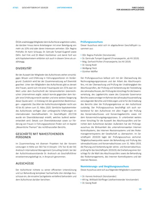 FIRST CHOICE
FOR ADVANCED APPLICATIONS
GESCHÄFTSBERICHT 2019/20AT S
39
UNTERNEHMEN
ÖCGKunabhängigeMitgliederdemAufsichtsratangehörensollen,
die darüber hinaus keine Anteilseigner mit einer Beteiligung von
mehr als 10 % sind oder deren Interessen vertreten. DDr. Regina
Prehofer, Dr. Karin Schaupp, Dr. Getrude Tumpel-Gugerell sowie
Dkfm. Karl Fink und DI Albert Hochleitner und damit fünf von
acht Kapitalvertretern erklärten sich auch in diesem Sinne als un­
abhängig.
DIVERSITÄT
Bei der Auswahl der Mitglieder des Aufsichtsrats stehen einschlä­
giges Wissen und Erfahrung in Führungspositionen im Vorder­
grund. Zusätzlich wird bei der Zusammensetzung auf Diversität
geachtet. Unter den Mitgliedern des Aufsichtsrats gibt es derzeit
drei Frauen, womit sich mit einer Frauenquote von 25 % zwar ein
Wert unter dem Durchschnitt der börsennotierten österreichi­
schen Unternehmen ergibt. Jedoch konnte gegenüber dem Vor­
jahr eine Erhöhung erreicht werden und eine weitere Steigerung
dieser Quote wird – in Einklang mit den gesetzlichen Bestimmun­
gen – angestrebt. Das Alter der Aufsichtsratsmitglieder reicht von
43 bis 81 Jahren zum 31. März 2020. Sämtliche Kapitalvertreter
des Aufsichtsrats verfügen über umfangreiche Erfahrungen im
inter­nationalen Geschäftsverkehr. Im Geschäftsjahr 2017/18
wurde ein Diversitätskonzept erstellt, welches laufend weiter­
entwickelt wird. Details zum Diversitätskonzept sowie zur För­
derung von Frauen in Führungspositionen finden sich im Kapitel
„Wesentliche Themen” des nichtfinanziellen Berichts.
GESCHÄFTE MIT NAHESTEHENDEN
PERSONEN
Im Zusammenhang mit diversen Projekten hat der Konzern
Leistungen in Höhe von 363 Tsd. € (Vorjahr: 376 Tsd. €) der AIC
Androsch International Management Consulting GmbH, bei der
der Aufsichtsratsvorsitzende Dr. Androsch als Geschäftsführer
einzelvertretungsbefugt ist, in Anspruch genommen.
AUSSCHÜSSE
Der Aufsichtsrat richtete zu seiner effizienten Unterstützung
und zur Behandlung komplexer Sachverhalte drei ständige Aus­
schüsse ein, die einzelne Sachgebiete vertiefend behandeln und
dem Aufsichtsrat darüber berichten.
Prüfungsausschuss
Dieser Ausschuss setzt sich im abgelaufenen Geschäftsjahr zu­
sammen aus:
▪  DDr. Regina Prehofer (Vorsitzende)
▪  Dr. Gertrude Tumpel-Gugerell (Finanzexpertin, ab HV 2019)
▪  Mag. Gerhard Pichler (Finanzexperte, bis HV 2019)
▪  Dr. Georg Riedl
▪  Wolfgang Fleck
▪  Günther Wölfler
Der Prüfungsausschuss befasst sich mit der Überwachung des
Rechnungslegungsprozesses und der Arbeit des Abschlussprü­
fers, mit der Überwachung und Prüfung der Unabhängigkeit des
Abschlussprüfers, der Prüfung und Vorbereitung der Feststellung
desJahresabschlusses,derPrüfungdesVorschlagsfürdieGewinn­
verteilung, des Lageberichts sowie des Corporate Governance
­BerichtssowiesonstigerimRahmenderJahresabschlusserstellung
vorzulegender Berichte und ­Erklärungen und ist für die ­Erstattung
des Berichts über die Prüfungsergebnisse an den Aufsichtsrat
zuständig. Der Prüfungsausschuss beschäftigt sich auch vor­
bereitend für den Aufsichtsrat mit allen Fragen der Prüfung
des Konzernabschlusses und Konzernlageberichts sowie mit
dem Konzernrechnungslegungsprozess. Er unterbreitet weiters
einen Vorschlag für die Auswahl des Abschlussprüfers und be­
richtet dem Aufsichtsrat darüber. Außerdem hat der Prüfungs­
ausschuss die Wirksamkeit des unternehmensweiten Internen
Kontrollsystems, des Internen Revisionssystems und des Risiko­
managementsystems der Gesellschaft zu überwachen. Im Ge­
schäftsjahr 2019/20 tagte der Prüfungsausschuss sechsmal.
Tätigkeitsschwerpunkte waren die Behandlung und Prüfung des
Jahresabschlusses und Konzernabschlusses zum 31. März 2019,
die Planung und Vorbereitung der Jahres- und Konzernabschluss­
prüfung für das Geschäftsjahr 2019/20, die Erarbeitung eines Vor­
schlags für die Wahl des Abschlussprüfers sowie die Behandlung
des Risikomanagements, des Internen Kontrollsystems und der
Internen Revision.
Nominierungs- und Vergütungsausschuss
DieserAusschusssetztsichausfolgendenMitgliedernzusammen:
▪  Dr. Hannes Androsch (Vorsitzender)
▪  KR Ing. Willibald Dörflinger (stellvertretender Vorsitzender)
▪  Dr. Georg Riedl
 