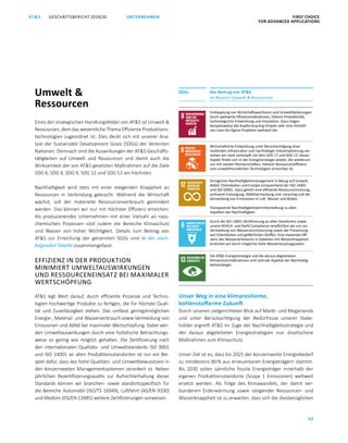 GESCHÄFTSBERICHT 2019/20AT S FIRST CHOICE
FOR ADVANCED APPLICATIONS
52
UNTERNEHMEN
Umwelt 
Ressourcen
Eines der strategischen Handlungsfelder von ATS ist Umwelt 
Ressourcen, dem das wesentliche Thema Effiziente Produktions­
technologien zugeordnet ist. Dies deckt sich mit unserer Ana­
lyse der Sustainable Development Goals (SDGs) der Vereinten
Nationen. Demnach sind die Auswirkungen der ATS Geschäfts­
tätigkeiten auf Umwelt und Ressourcen und damit auch die
Wirksamkeit der von ATS gesetzten Maßnahmen auf die Ziele
SDG 6, SDG 8, SDG 9, SDG 12 und SDG 13 am höchsten.
Nachhaltigkeit wird stets mit einer steigenden Knappheit an
Ressourcen in Verbindung gebracht. Während die Wirtschaft
wächst, soll der materielle Ressourcenverbrauch gemindert
werden. Das können wir nur mit höchster Effizienz erreichen.
Als produzierendes Unternehmen mit einer Vielzahl an nass­
chemischen Prozessen sind zudem die Bereiche Klimaschutz
und Wasser von hoher Wichtigkeit. Details zum Beitrag von
ATS zur Erreichung der genannten SGDs sind in der nach-
folgenden Tabelle zusammengefasst.
EFFIZIENZ IN DER PRODUKTION
MINIMIERT UMWELTAUSWIRKUNGEN
UND RESSOURCENEINSATZ BEI MAXI­MALER
WERTSCHÖPFUNG
ATS legt Wert darauf, durch effiziente Prozesse und Techno­
logien hochwertige Produkte zu fertigen, die für höchste Quali­
tät und Zuverlässigkeit stehen. Das umfasst geringstmöglichen
Energie-, Material- und Wasserverbrauch sowie Vermeidung von
Emissionen und Abfall bei maximaler Wertschöpfung. Dabei wer­
den Umweltauswirkungen durch eine holistische Betrachtungs­
weise so gering wie möglich gehalten. Die Zertifizierung nach
den internationalen Qualitäts- und Umweltstandards ISO  9001
und ISO 14001 an allen Produktionsstandorten ist nur ein Bei­
spiel dafür, dass das hohe Qualitäts- und Umweltbewusstsein in
den konzernweiten Managementsystemen verankert ist. Neben
jährlichen Rezertifizierungsaudits zur Aufrechterhaltung dieser
Standards können wir branchen- sowie standortsspezifisch für
die Bereiche Automobil (ISO/TS 16949), Luftfahrt (AS/EN 9100)
und Medizin (DS/EN 13485) weitere Zertifizierungen vorweisen.
Unser Weg in eine klimaresiliente,
kohlenstoffarme Zukunft
Durch unseren zielgerichteten Blick auf Markt- und Megatrends
und unter Berücksichtigung der Bedürfnisse unserer Stake­
holder ergreift ATS im Zuge der Nachhaltigkeitsstrategie und
der daraus abgeleiteten Energiestrategien nun drastischere
Maßnahmen zum Klimaschutz.
Unser Ziel ist es, dass bis 2025 der konzernweite Energiebedarf
zu mindestens 80 % aus erneuerbaren Energieträgern stammt.
Bis 2030 sollen sämtliche fossile Energieträger innerhalb der
eigenen Produktionsstandorte (Scope  1 Emissionen) weltweit
ersetzt werden. Als Folge des Klimawandels, der damit ver­
bundenen Erderwärmung sowie steigender Ressourcen- und
Wasserknappheit ist zu erwarten, dass sich die diesbezüglichen
SDGs Der Beitrag von ATS
im Bereich Umwelt  Ressourcen
Entkopplung von Wirtschaftswachstum und Umweltbelastungen
durch ­weltweite Effizienzmaßnahmen, höhere ­Produktivität,
technologische Ent­wicklung und Innovation. Dazu tragen
­beispielsweise das Kupferrecycling-Projekt oder eine Vielzahl
von Lean-Six-Sigma-Projekten weltweit bei.
Wirtschaftliche Entwicklung unter Berücksichtigung einer
resilienten Infrastruktur und nachhaltiger Industrialisierung ver-
stehen wir stark verknüpft mit dem SDG 17 und SDG 13. Dieser
Aspekt findet sich in der Energiestrategie wieder, die wiederum
nur mit starken Partnerschaften, höherer Ressourcen­effizienz
und umweltfreundlichen Technologien erreichbar ist.
Stringentes Nachhaltigkeitsmanagement in Bezug auf Umwelt,
Abfall, ­Chemikalien und Energie entsprechend der ISO 14001
und ISO 50001. Dazu gehört eine effiziente Ressourcen­nutzung,
achtsame Entsorgung, Abfallvermeidung und -recycling und die
Vermeidung von Emissionen in Luft, Wasser und Boden.
­Transparente Nachhaltigkeitsberichterstattung zu allen­
­Aspekten der Nachhaltigkeit.
Durch die ISO 14001-Zertifizierung an allen Standorten sowie
unsere REACH- und RoHS Compliance verpflichten wir uns zur
Vermeidung von Wasserverschmutzung sowie der Freisetzung
von Chemikalien und gefährlichen Stoffen. Eine maximale Effi-
zienz des Wasserverbrauchs in Gebieten mit Wasserknappheit
erreichen wir durch möglichst hohe Wasserrecyclingquoten.
Die ATS Energiestrategie und die daraus abgeleiteten
­Klimaschutzmaßnahmen sind zentrale Aspekte der Nachhaltig-
keitsstrategie.
 