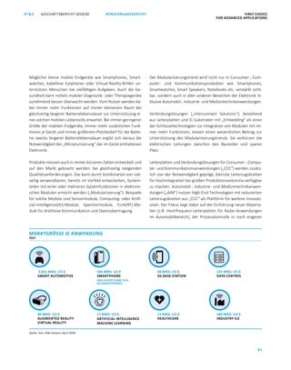 81
KONZERNLAGEBERICHT FIRST CHOICE
FOR ADVANCED APPLICATIONS
GESCHÄFTSBERICHT 2019/20AT SATS GESCHÄFTSBERICHT 2019/20 KONZERNLAGEBERICHT FIRST CHOICE
FOR ADVANCED APPLICATIONS
3
Möglichst kleine mobile Endgeräte wie Smartphones, Smart-
watches, kabellose Earphones oder Virtual-Reality-Brillen un-
terstützen Menschen bei vielfältigen Aufgaben. Auch die Ge-
sundheit kann mittels mobiler Diagnostik- oder Therapiegeräte
zunehmend besser überwacht werden. Vom Nutzer werden da-
bei immer mehr Funktionen auf immer kleinerem Raum bei
gleichzeitig längerer Batterielebensdauer zur Unterstützung ei-
nes solchen mobilen Lebensstils erwartet. Bei immer geringerer
Größe der mobilen Endgeräte, immer mehr zusätzlichen Funk-
tionen je Gerät und immer größerem Platzbedarf für die Batte-
rie zwecks längerer Batterielebensdauer ergibt sich daraus die
Notwendigkeit der „Miniaturisierung“ der im Gerät enthaltenen
Elektronik.
Produkte müssen auch in immer kürzeren Zyklen entwickelt und
auf den Markt gebracht werden, bei gleichzeitig steigenden
Qualitätsanforderungen. Das kann durch Kombination von viel-
seitig verwendbaren, bereits im Vorfeld entwickelten, System-
teilen mit einer oder mehreren Systemfunktionen in elektroni-
schen Modulen erreicht werden („Modularisierung“). Beispiele
für solche Module sind Sensormodule, Computing- oder Artifi-
cial-Intelligence(AI)-Module, Speichermodule, Funk(RF)-Mo-
dule für drahtlose Kommunikation und Datenübertragung.
Der Modularisierungstrend wird nicht nur in Consumer-, Com-
puter- und Kommunikationsprodukten wie Smartphones,
Smartwatches, Smart Speakers, Notebooks etc. verstärkt sicht-
bar, sondern auch in allen anderen Bereichen der Elektronik in-
klusive Automobil-, Industrie- und Medizintechnikanwendungen.
Verbindungslösungen („Interconnect Solutions“), bestehend
aus Leiterplatten und IC-Substraten mit „Embedding“ als einer
der Schlüsseltechnologien zur Integration von Modulen mit im-
mer mehr Funktionen, leisten einen wesentlichen Beitrag zur
Unterstützung des Modularisierungstrends. Sie verkürzen die
elektrischen Leitungen zwischen den Bauteilen und sparen
Platz.
Leiterplatten und Verbindungslösungen für Consumer-, Compu-
ter- und Kommunikationsanwendungen („CCC“) werden zusätz-
lich von der Notwendigkeit geprägt, kleinste Leiterzugsbreiten
für Hochintegration bei großen Produktionsvolumina verfügbar
zu machen. Automobil-, Industrie- und Medizintechnikanwen-
dungen („AIM“) nutzen High-End-Technologien mit reduzierten
Leiterzugsbreiten aus „CCC“ als Plattform für weitere Innovati-
onen. Der Fokus liegt dabei auf der Einführung neuer Materia-
lien (z.B. Hochfrequenz-Leiterplatten für Radar-Anwendungen
im Automobilbereich), der Prozesskontrolle in noch engeren
546 MRD. US-$
SMARTPHONE
2.831 MRD. US-$
SMART AUTOMOTIVE
13 MRD. US-$
HEALTHCARE
40 MRD. US-$
AUGMENTED REALITY
VIRTUAL REALITY
180 MRD. US-$
INDUSTRY 4.0
MARKTGRÖSSE JE ANWENDUNG
2025
Quelle: Yole, ATS Analysis (April 2020)
17 MRD. US-$
ARTIFICIAL INTELLIGENCE
MACHINE LEARNING
58 MRD. US-$
5G BASE STATION
125 MRD. US-$
DATA CENTRES
+
INKLUDIERT RUND 70 %
5G-SMARTPHONES
 