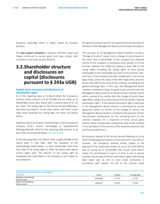101
GROUP MANAGEMENT REPORT FIRST CHOICE
FOR ADVANCED APPLICATIONS
ANNUAL REPORT 2019/20AT SATS ANNUAL REPORT 2019 /20 GROUP MANAGEMENT REPORT FIRST CHOICE
FOR ADVANCED APPLICATIONS
23
locational advantage which is highly valued by business
partners.
The sales support companies in America, Germany, Japan and
Taiwan continued to ensure good and close contact with
customers in the financial year 2019/20.
3.2.Shareholder structure
and disclosures on
capital (disclosures
pursuant to § 243a UGB)
Capital share structure and disclosure of
shareholder rights
As of the reporting date at 31 March 2020, the Company’s
ordinary shares amount to € 42,735,000 and are made up of
38,850,000 no-par value shares with a notional value of € 1.10
per share. The voting right at the Annual General Meeting is
exercised according to no-par value shares, with each no-par
value share equalling one voting right. All shares are bearer
shares.
Significant direct and indirect shareholdings in the Group parent
company AT  S Austria Technologie  Systemtechnik
Aktiengesellschaft, which at the reporting date amount to at
least 10%, are presented below: see table below.
At the reporting date of 31 March 2020, roughly 64.68% of the
shares were in free float. With the exception of the
shareholdings stated below, no other shareholder held more
than 10% of the voting rights in ATS. No shares with special
control rights exist. The exercise of the voting right by
employees who hold shares in the Company is not subject to
any limitations.
No special provisions exist on the appointment and dismissal of
members of the Management Board and the Supervisory Board.
The contracts of all Management Board members include a
“Change of Control” clause. Such a change of control exists in
the event that a shareholder of the company has obtained
control of the company in accordance with Section 22 of the
Austrian Takeover Act (ÜbG) by holding at least 30% of the
voting rights (including the voting rights of third parties
attributable to the shareholder pursuant to the Austrian Take-
over Act), or the company has been merged with a non-Group
legal entity, unless the value of the other legal entity amounts
to less than 50% of the value of the company according to the
agreed exchange ratio. In this case, the Management Board
member is entitled to resign for good cause and terminate the
Management Board contract at the end of each calendar month
within a period of six months after the change of control takes
legal effect, subject to a notice period of three months (“special
termination right”). If the special termination right is exercised
or the Management Board contract is terminated by mutual
agreement within six months of the change of control, the
Management Board member is entitled to the payment of their
remuneration entitlements for the remaining term of this
contract, however, for a maximum of three annual gross
salaries. Other remuneration components shall not be included
in the calculation of the amount of the severance payment and
shall be excluded from it.
By resolution passed at the Annual General Meeting on 4 July
2019, the Management Board is authorised until 3 July 2024 to
increase the Company’s ordinary shares, subject to the
approval of the Supervisory Board, by up to € 21,367,500 by
way of issuing up to 19,425,000 new, no-par value bearer
shares, for contributions in cash or in kind, in one or several
tranches, also by way of indirect subscription rights, after having
been taken over by one or more credit institutions in
accordance with Section 153 (6) of the Austrian Stock
Significant direct and indirect shareholdings
Shares/in % Shares % capital % voting rights
Dörflinger-Privatstiftung:
Vienna, Austria
6,902,380 17.77% 17.77%
Androsch Privatstiftung:
Vienna, Austria
6,819,337 17.55% 17.55%
 