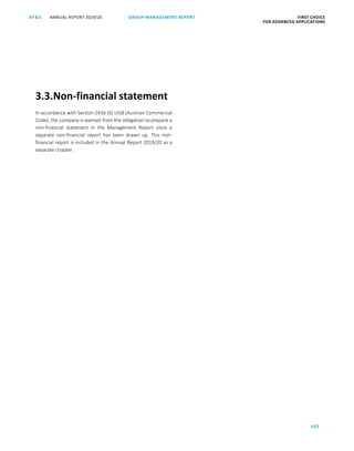 103
GROUP MANAGEMENT REPORT FIRST CHOICE
FOR ADVANCED APPLICATIONS
ANNUAL REPORT 2019/20AT SATS ANNUAL REPORT 2019 /20 GROUP MANAGEMENT REPORT FIRST CHOICE
FOR ADVANCED APPLICATIONS
25
3.3.Non-financial statement
In accordance with Section 243b (6) UGB (Austrian Commercial
Code), the company is exempt from the obligation to prepare a
non-financial statement in the Management Report since a
separate non-financial report has been drawn up. This non-
financial report is included in the Annual Report 2019/20 as a
separate chapter.
 