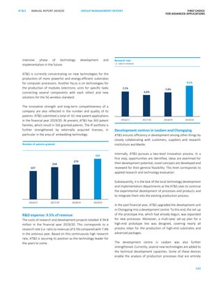 105
GROUP MANAGEMENT REPORT FIRST CHOICE
FOR ADVANCED APPLICATIONS
ANNUAL REPORT 2019/20AT SATS ANNUAL REPORT 2019/20 GROUP MANAGEMENT REPORT FIRST CHOICE
FOR ADVANCED APPLICATIONS
27
intensive phase of technology development and
implementation in the future.
ATS is currently concentrating on new technologies for the
production of more powerful and energy-efficient substrates
for computer processors. Another focus is on technologies for
the production of modules (electronic units for specific tasks
connecting several components with each other) and new
solutions for the 5G wireless standard.
The innovative strength and long-term competitiveness of a
company are also reflected in the number and quality of its
patents: ATS submitted a total of 61 new patent applications
in the financial year 2019/20. At present, ATS has 343 patent
families, which result in 326 granted patents. The IP portfolio is
further strengthened by externally acquired licenses, in
particular in the area of embedding technology.
RD expense: 9.5% of revenue
The costs of research and development projects totalled € 94.8
million in the financial year 2019/20. This corresponds to a
research rate (i.e. ratio to revenue) of 9.5% compared with 7.4%
in the previous year. Based on this continuously high research
rate, ATS is securing its position as the technology leader for
the years to come.
Development centres in Leoben and Chongqing
ATS ensures efficiency in development among other things by
closely collaborating with customers, suppliers and research
institutions worldwide.
Internally, ATS pursues a two-level innovation process. In a
first step, opportunities are identified, ideas are examined for
their development potential, novel concepts are developed and
reviewed for their general feasibility. This level corresponds to
applied research and technology evaluation.
Subsequently, it is the task of the local technology development
and implementation departments at the ATS sites to continue
the experimental development of processes and products and
to integrate them into the existing production process.
In the past financial year, ATS upgraded the development unit
in Chongqing into a development centre. To this end, the set-up
of the prototype line, which had already begun, was expanded
for new processes. Moreover, a multi-year set-up plan for a
high-end prototype line was designed, covering nearly all
process steps for the production of high-end substrates and
advanced packages.
The development centre in Leoben was also further
strengthened. Currently, several new technologies are added to
the technical development capacities. Some of these devices
enable the analysis of production processes that are entirely
227
258
279
326
2016/17 2017/18 2018/19 2019/20
Number of patents granted
7,7%
6,6%
7,4%
9,5%
2016/17 2017/18 2018/19 2019/20
Research rate
i. e. ratio to revenue
 