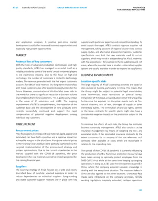 110
GROUP MANAGEMENT REPORTANNUAL REPORT 2019/20AT S FIRST CHOICE
FOR ADVANCED APPLICATIONS
ATS ANNUAL REPORT 2019 /20 GROUP MANAGEMENT REPORT FIRST CHOICE
FOR ADVANCED APPLICATIONS
32
and application analyses. A positive post-crisis market
development could offer increased business opportunities and
especially high growth opportunities.
MARKET
Potential loss of key customers
With the help of advanced production technologies and high
quality standards, ATS has managed to establish itself as a
reliable provider to some of the world’s most renowned players
in the electronics industry. Due to the focus on high-end
technology, the number of customers is limited to technology
leaders. The revenue generated with the five largest customers
accounts for 68% of total revenue. Our long-term relationships
with these customers also offer excellent opportunities for the
future. However, concentration of this kind also poses risks in
the event that there is a significant reduction in business volume
or profitability from these customers. This is particularly critical
in the areas of IC substrates and mSAP. The ongoing
improvement of ATS’s competitiveness, the expansion of the
customer base and the development of new products were
recently successfully continued and support the rapid
compensation of potential negative development among
individual key customers.
PROCUREMENT
Procurement prices
Price fluctuations in energy and raw materials (gold, copper and
laminates) can have both a positive and a negative impact on
achievable margins in the short term. Rising raw material prices
in the financial year 2019/20 were partially cushioned by the
targeted implementation of the procurement strategy and
process optimisations. Due to the current uncertainties in the
market, coupled with the COVID-19 pandemic, the price
development for raw materials cannot be reliably projected for
the coming financial year.
Suppliers
The sourcing strategy of ATS focuses on a wide and clearly
diversified base of carefully selected suppliers in order to
reduce dependencies on individual suppliers. Long-standing
and stable customer-supplier relations are in place with key
suppliers with particular expertise and competitive standing. To
avoid supply shortages, ATS conducts rigorous supplier risk
management, taking account of regional cluster risks, various
supply routes, and alternative procurement options. Customer
specifications may limit the raw materials used to certain
suppliers, which may result in a dependency for ATS. However,
with few exceptions – for example in the IC substrates and ECP
areas, where the supplier base is smaller – alternative supplier
options are usually available in order to respond to supply risks.
BUSINESS ENVIRONMENT
Location-specific risks
The large majority of ATS’s operating activities are based at
sites outside of Austria, particularly in China. This means that
the Group might be subject to potential legal uncertainties,
state intervention, trade restrictions or political unrest.
Irrespective of the above, any production site of the Group may
furthermore be exposed to disruptive events such as fire,
natural disasters, acts of war, shortages of supply or other
elementary events. The termination of land use rights, permits
or the lease contracts for specific plants might also have a
considerable negative impact on the production output of the
Group.
To minimise the effects of such risks, the Group has instituted
business continuity management. ATS also conducts active
insurance management by means of weighing the risks and
associated costs. It has concluded insurance contracts to the
extent customary for a company of this size wherever such
contracts were available at costs which are reasonable in
relation to the impending risks.
The spread of the COVID-19 pandemic is currently influencing
the production of ATS. Numerous protective measures have
been taken aiming to optimally protect employees from the
SARS-CoV-2 virus while at the same time keeping up ongoing
operations. In doing so, ATS uses the rich experience gained in
China, where the company acquired valuable knowledge in
dealing with the exceptional situation. The measures taken in
China are also applied to the other locations. Mandatory face
masks were introduced on the company premises, remote
working regulations massively extended, canteen operations
 