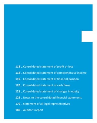 24
28
31
34
45
63
118 _ Consolidated statement of profit or loss
118 _ Consolidated statement of comprehensive income
119 _ Consolidated statement of financial position
120 _ Consolidated statement of cash flows
121 _ Consolidated statement of changes in equity
122 _ Notes to the consolidated financial statements
179 _ Statement of all legal representatives
180 _ Auditor’s report
 