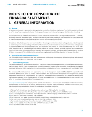 122
CONSOLIDATED FINANCIAL ­STATEMENTSANNUAL REPORT 2019/20AT S FIRST CHOICE
FOR ADVANCED APPLICATIONS
ATS ANNUAL REPORT 2019/20 CONSOLIDATED FINANCIAL STATEMENTS FIRST CHOICE
FOR ADVANCED APPLICATIONS
43
A. General
AT  S Austria Technologie  Systemtechnik Aktiengesellschaft (hereinafter referred to as “the Company”, and with its subsidiaries referred
to as “the Group”) was incorporated in Austria. The Company is headquartered in Austria, Fabriksgasse 13, 8700 Leoben-Hinterberg.
The Group manufactures and distributes printed circuit boards and provides related services in the segments Mobile Devices  Substrates,
Automotive, Industrial, Medical and Others. The products are manufactured in the European and Asian markets and are directly distributed
to original equipment manufacturers (OEM) as well as to contract electronic manufacturers (CEM).
Since 20 May 2008, the Company has been listed in the Prime Market segment of the Vienna Stock Exchange, Austria, and, after a period
of double listing on the previous exchange in Frankfurt am Main, Germany, has been traded exclusively on the Vienna Stock Exchange since
15 September 2008. Prior to changing stock exchange, the Company had been listed on the Frankfurt Stock Exchange since 16 July 1999.
Since 19 March 2018, the Company’s shares have been included in the Austrian ATX index. According to Section 245a of the Austrian
Commercial Code (UGB), theconsolidatedfinancialstatements werepreparedinaccordance withtheInternationalFinancialReportingStandards
(IFRS) and interpretations (IFRIC and SIC) of the International Accounting Standards Board (IASB) as adopted by the European Union (EU).
B. Accounting and measurement policies
The consolidated financial statements have been prepared under the historical cost convention, except for securities and derivative
financial instruments, which are measured at their fair values.
a. Consolidation principles
The balance sheet date for all consolidated companies is 31 March 2020, with the following exceptions: due to the legal situation in China,
the financial year of ATS (China) Company Limited and ATS (Chongqing) Company Limited corresponds to the calendar year (balance
sheet date: 31 December 2019), meaning that they were consolidated on the basis of the interim financial statements as of 31 March 2020.
The consolidated financial statements were approved for issue by the Management Board on 13 May 2020. The separate financial
statements of the Company, which are included in the consolidation after reconciliation to the applicable accounting standards, will be
presented for approval to the Supervisory Board on 4 June 2020. The separate financial statements of the Company can be modified by
the Supervisory Board and, in case of presentation to the Annual General Meeting, by the Company’s shareholders in a way that might also
affect the presentation of the consolidated financial statements.
Group of consolidated entities The Company controls an entity when the Group is exposed to risks or has rights to variable returns from its
involvement with the entity and has the ability to affect those returns through its power over the entity. In addition to the Company itself,
the consolidated financial statements comprise the following fully consolidated subsidiaries:
 ATS Asia Pacific Limited, Hong Kong, China (hereinafter referred to as ATS Asia Pacific), share 100%
 ATS (China) Company Limited, China (hereinafter referred to as ATS China), 100% subsidiary of ATS Asia Pacific
 ATS (Chongqing) Company Limited, China (hereinafter referred to as ATS Chongqing), 100% subsidiary of ATS Asia Pacific
 ATS Japan K.K., Japan, 100% subsidiary of ATS Asia Pacific
 ATS (Taiwan) Co., Ltd., Taiwan (hereinafter referred to as ATS Taiwan), 100% subsidiary of ATS Asia Pacific
 ATS India Private Limited, India (hereinafter referred to as ATS India), share 100%
 ATS Korea Co., Ltd., South Korea (hereinafter referred to as ATS Korea), share 100%
 ATS Americas LLC, USA (hereinafter referred to as ATS Americas), share 100%
 ATS Deutschland GmbH, Germany, share 100%
NOTES TO THE CONSOLIDATED
FINANCIAL STATEMENTS
I. GENERAL INFORMATION
 