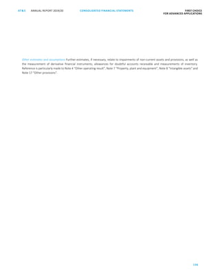 136
CONSOLIDATED FINANCIAL ­STATEMENTSANNUAL REPORT 2019/20AT S FIRST CHOICE
FOR ADVANCED APPLICATIONSATS ANNUAL REPORT 2019/20 CONSOLIDATED FINANCIAL STATEMENTS FIRST CHOICE
FOR ADVANCED APPLICATIONS
57
Other estimates and assumptions Further estimates, if necessary, relate to impairments of non-current assets and provisions, as well as
the measurement of derivative financial instruments, allowances for doubtful accounts receivable and measurements of inventory.
Reference is particularly made to Note 4 “Other operating result”, Note 7 “Property, plant and equipment”, Note 8 “Intangible assets” and
Note 17 “Other provisions”.
 