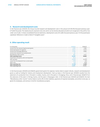 140
CONSOLIDATED FINANCIAL ­STATEMENTSANNUAL REPORT 2019/20AT S FIRST CHOICE
FOR ADVANCED APPLICATIONSATS ANNUAL REPORT 2018/19 CONSOLIDATED FINANCIAL STATEMENTS FIRST CHOICE
FOR ADVANCED APPLICATIONS
61
3. Research and development costs
In the financial year 2019/20, the Group incurred research and development costs in the amount of € 94,765 thousand (previous year:
€ 75,650 thousand). The stated amounts represent only costs which can be directly allocated and which are recognised in the profit or loss
under cost of sales. In these consolidated financial statements, development costs of € 2,892 thousand (previous year: € 0 thousand) were
capitalised. Reference is made to Note 8 “Intangible assets”.
4. Other operating result
€ in thousands 2019/20 2018/19
Income from the reversal of government grants 1,949 1,940
Government grants for expenses 9,423 6,143
Income from exchange differences 5,730 8,464
Income from reversal of accruals/provision 65 –
Miscellaneous other income 881 2,311
Other operating income 18,048 18,858
Impairments of property, plant and equipment (912) –
Start-up losses (3,452) (1,247)
Losses from the disposal of non-current assets (732) (37)
Other costs (10) (203)
Other operating costs (5,106) (1,487)
Other operating result 12,942 17,371
In the financial years 2019/20 and 2018/19, government grants for expenses mainly relate to export refunds, research and development
grants as well as funding for industry and employment development. Start-up losses in the financial year 2019/20 resulted from the
extensions of a production line in the plant in Leoben, Austria, and in the plants in Chongqing, China, and in financial year 2018/19 from
the extensions of the plant in Fehring, Austria, and the plant in Nanjangud, India. In the financial year 2019/20 and 2018/19, the item
“Miscellaneous other income” mainly relates to write-offs of other liabilities, payments of impaired receivables, and similar to last year, to
grants for employees, and services in kind for miscellaneous projects.
 