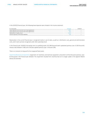CONSOLIDATED FINANCIAL ­STATEMENTS
145
FIRST CHOICE
FOR ADVANCED APPLICATIONS
ANNUAL REPORT 2019/20AT S
ATS ANNUAL REPORT 2019/20 CONSOLIDATED FINANCIAL STATEMENTS FIRST CHOICE
FOR ADVANCED APPLICATIONS
66
In the 2019/20 financial year, the following lease expenses were showed in the income statement:
€ in thousands 2019/20 2018/19
Lease expenses from the short-term lease agreement 1,891 –
Lease expenses from the low-value lease agreements 455 –
Depreciation of rights of use 3,632 –
Interest expenses of the lease liabilities 336 –
Depreciation in the current financial year is recognised mainly in cost of sales, as well as in distribution costs, general and administrative
costs, and in start-up losses recognised under other operating result.
In the financial year 2019/20, borrowing costs on qualifying assets of € 398 thousand were capitalised (previous year: € 236 thousand).
Interest rates between 1.58% and 3.5% were applied (previous year: 3.5% and 5.0%).
There is no restraint on disposal for the recognised fixed assets.
Impairment/Reversal of impairment Impairment of machinery and technical equipment amounted to € 912 thousand (previous year:
€ 0 thousand) in the financial year 2019/20. This impairment resulted from machines that are no longer usable in the segment Mobile
Devices  Substrates.
 