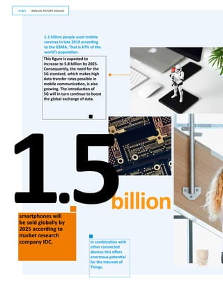12
5.2 billion people used mobile
services in late 2019 according
to the GSMA. That is 67% of the
world’s population.
In combination with
other connected
devices this offers
enormous potential
for the Internet of
Things.
billionsmartphones will
be sold globally by
2025 according to
market research
­company IDC.
This figure is expected to
­increase to 5.8 billion by 2025.
­Consequently, the need for the
5G standard, which makes high
data transfer rates possible in
mobile communication, is also
growing. The introduction of
5G will in turn continue to boost
the global exchange of data.
1.5
GESCHÄFTSBERICHT 2019/20AT S
ANNUAL REPORT 2019/20AT S
 