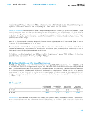 CONSOLIDATED FINANCIAL ­STATEMENTS
169
FIRST CHOICE
FOR ADVANCED APPLICATIONS
ANNUAL REPORT 2019/20AT S
ATS ANNUAL REPORT 2019/20 CONSOLIDATED FINANCIAL STATEMENTS FIRST CHOICE
FOR ADVANCED APPLICATIONS
90
impact on the profit for the year in the amount of € 11.1 million (previous year: € 20.5 million). Devaluation of the US dollar exchange rate
against the euro would have reduced the profit for the year by € 11.1 million (previous year: € 20.5 million).
Capital risk management The objectives of the Group in respect of capital management include, firstly, securing the Company as a going
concern in order to be able to continue providing the shareholders with dividends and the other stakeholders with their due services and,
secondly, maintaining an appropriate capital structure in order to optimise capital costs. Therefore, the amount of the dividend payments
is adjusted to the respective requirements, capital is repaid to shareholders (withdrawal of treasury shares), new shares are issued or the
portfolio of other assets is changed.
Based on the covenants defined in the credit agreements, the Group monitors its capital based on the equity ratio as well as the ratio of
net debt to EBITDA (theoretical payback period for debts).
The Group’s strategy is not to fall below an equity ratio of 40% and not to exceed a theoretical payback period for debts of 3.0 years,
creating sufficient leeway to cushion the effects of adverse business developments and to secure the Company as a going concern even in
times of crisis. Temporary deviations from the values are acceptable.
At the balance sheet date, the equity ratio was 41.0% and thus below the previous year’s figure of 45.0%. At 1.3 years, the theoretical
payback period for debts was above the previous year’s figure of 0.6 years.
20. Contingent liabilities and other financial commitments
As of 31 March 2020, the Group has other financial commitments amounting to € 225,552 thousand (previous year: € 100,136 thousand)
in connection with contractually binding investment projects. As of 31 March 2020, the maximum risk associated with liability for default
was € 9,857 thousand (previous year: € 4,060 thousand) less coverage of the credit insurance applied. The liability for default corresponds
to the theoretical maximum loss if a default of all transferred receivables incurs. The probability of needing to fall back on this liability is
extremely low. The fair value of this risk is not material. Furthermore, at the balance sheet date the Group has no contingent liabilities from
bank guarantees (previous year: € 0 thousand). There were no contingent liabilities from guarantees at the balance sheet date (previous
year: € 0 thousand).
21. Share capital
Outstanding shares
in thousand shares
Ordinary shares
€ in thousands
Share premium
€ in thousands
Share capital
€ in thousands
31 Mar 2018 38,850 42,735 99,111 141,846
31 Mar 2019 38,850 42,735 99,111 141,846
31 Mar 2020 38,850 42,735 99,111 141,846
Ordinary shares The ordinary shares of the Company as of 31 March 2020 amounting to € 42,735 thousand are fully paid in (previous year:
€ 42,735 thousand) and are made up of 38,850,000 (previous year: 38,850,000) no-par value bearer shares with a notional value of € 1.10
each.
 
