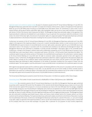 170
CONSOLIDATED FINANCIAL ­STATEMENTSANNUAL REPORT 2019/20AT S FIRST CHOICE
FOR ADVANCED APPLICATIONSATS ANNUAL REPORT 2019/20 CONSOLIDATED FINANCIAL STATEMENTS FIRST CHOICE
FOR ADVANCED APPLICATIONS
91
Approved capital and conditional capital increase By way of a resolution passed at the 25th
Annual General Meeting on 4 July 2019, the
Management Board was authorised until 3 July 2024 to increase the Companys ordinary shares, subject to the approval of the Supervisory
Board, by up to € 21,367,500 by way of issuing up to 19,425,000 no-par value bearer shares, for contributions in cash or kind, in one or
several tranches, also by way of indirect subscription rights, after having been taken over by one or more credit institutions in accordance
with Section 153 (6) of the Austrian Stock Corporation Act (AktG). The Management Board was authorised, subject to the approval of the
Supervisory Board, to determine the detailed terms and conditions of issue (in particular the issue amount, what the contribution in kind
entails, the content of the share rights, the exclusion of subscription rights, etc.) (approved capital). The Supervisory Board was authorised
to adopt amendments to the Articles of Association resulting from the issuance of shares from the approved capital.
Furthermore, by resolution of the 25th
Annual General Meeting of 4 July 2019, the Management Board was authorised until 3 July 2024,
subject to the approval of the Supervisory Board, to issue one or several convertible bearer bonds at a total nominal amount of up to
€ 150,000,000 and to grant to bearers of convertible bonds conversion rights and/or subscription rights for up to 19,425,000 new no-par
value bearer shares in the Company in accordance with the convertible bond conditions to be defined by the Management Board. The
Management Board was also authorised to completely or partially exclude shareholders’ subscription rights to the convertible bonds.
Furthermore, in doing so, the Company’s ordinary shares were conditionally increased by up to € 21,367,500 by way of issuance of up to
19,425,000 new no-par value bearer shares in accordance with Section 159 (2) No. 1 of the Austrian Stock Corporation Act (AktG). This
conditional capital increase will only be carried out if the bearers of convertible bonds issued based on the authorisation resolution passed
at the Annual General Meeting on 4 July 2019 claim the right to conversion and/or subscription granted to them with regard to the
Company’s shares. Furthermore, the Management Board was authorised to determine, subject to approval from the Supervisory Board, the
further details of carrying out the conditional capital increase (particularly the issue amount and the content of the share rights). The
Supervisory Board was authorised to adopt amendments to the Articles of Association resulting from the issuance of shares from the
conditional capital. The same applies in case the authorisation to issue convertible bonds is not exercised or the conditional capital is not used.
With regard to the approved capital and the conditional capital, the following definition of the amount in accordance with the resolutions
passed at the 25th
Annual General Meeting on 4 July 2019, is to be observed: the sum of (i) the number of shares currently issued or
potentially to be issued from conditional capital in accordance with the convertible bond conditions and (ii) the number of shares issued
from approved capital shall not exceed the total amount of 19,425,000 (limitation of authorised amount).
The Annual General Meeting also resolved to amend the Articles of Association in § 4 (Nominal capital) to reflect these changes.
Outstanding shares The number of shares issued amounts to 38,850,000 at 31 March 2020 (previous year: 38,850,000).
Treasury shares By a resolution passed at the 25th Annual General Meeting on 4 July 2019, the Management Board was again authorised
to purchase, within a period of 30 months from the adoption of the resolution by the General Meeting, treasury shares to an of up to 10%
of the nominal share capital of the Company for a minimum consideration per share at the most 30% lower than the average, unweighted
stock exchange closing price over the preceding ten trading days and a maximum consideration per share at the most 30% higher than the
average, unweighted stock exchange closing price over the preceding ten trading days. The treasury shares may be purchased via the stock
exchange, by means of a public offering or any other legally permitted way and for any legally permitted purpose. The Management Board
was also authorised to withdraw repurchased treasury shares and treasury shares already held by the Company without any further
resolution by Annual General Meeting. The Supervisory Board was authorised to adopt amendments to the Articles of Association resulting
from the withdrawal of the shares. Furthermore, the Management Board was authorised, for a period of five years, i.e. up to and including
3 July 2024, subject to approval of the Supervisory Board, to sell or use the repurchased treasury shares or treasury shares currently held
by the Company other than via the stock exchange or by public offer in particular for the purposes of stock transfer programmes,
 