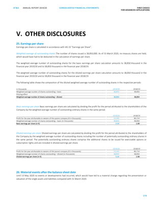 174
CONSOLIDATED FINANCIAL ­STATEMENTSANNUAL REPORT 2019/20AT S FIRST CHOICE
FOR ADVANCED APPLICATIONSATS ANNUAL REPORT 2019/20 CONSOLIDATED FINANCIAL STATEMENTS FIRST CHOICE
FOR ADVANCED APPLICATIONS
95
25. Earnings per share
Earnings per share is calculated in accordance with IAS 33 “Earnings per Share”.
Weighted average of outstanding shares The number of shares issued is 38,850,000. As of 31 March 2020, no treasury shares are held,
which would have had to be deducted in the calculation of earnings per share.
The weighted average number of outstanding shares for the basic earnings per share calculation amounts to 38,850 thousand in the
financial year 2019/20 and to 38,850 thousand in the financial year 2018/19.
The weighted average number of outstanding shares for the diluted earnings per share calculation amounts to 38,850 thousand in the
financial year 2019/20 and to 38,850 thousand in the financial year 2018/19.
The following table shows the composition of the diluted weighted average number of outstanding shares in the respective periods:
in thousands 2019/20 2018/19
Weighted average number of shares outstanding – basic 38,850 38,850
Diluting effect – –
Weighted average number of shares outstanding – diluted 38,850 38,850
Basic earnings per share Basic earnings per share are calculated by dividing the profit for the period attributed to the shareholders of the
Company by the weighted average number of outstanding ordinary shares in the same period.
2019/20 2018/19
Profit for the year attributable to owners of the parent company (€ in thousands) 13,143 80,714
Weighted average number of shares outstanding – basic (in thousands) 38,850 38,850
Basic earnings per share (in €) 0.34 2.08
Diluted earnings per share Diluted earnings per share are calculated by dividing the profit for the period attributed to the shareholders of
the Company by the weighted average number of outstanding shares including the number of potentially outstanding ordinary shares in
the same period. The potentially outstanding ordinary shares comprise the additional shares to be issued for exercisable options or
subscription rights and are included in diluted earnings per share.
2019/20 2018/19
Profit for the year attributable to owners of the parent company (€ in thousands) 13,143 80,714
Weighted average number of shares outstanding – diluted (in thousands) 38,850 38,850
Diluted earnings per share (in €) 0.34 2.08
26. Material events after the balance sheet date
Until 13 May 2020 no events or developments had incurred, which would have led to a material change regarding the presentation or
valuation of the single assets and liabilities compared with 31 March 2020.
V. OTHER DISCLOSURES
 