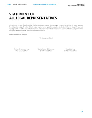 CONSOLIDATED FINANCIAL ­STATEMENTS
179
FIRST CHOICE
FOR ADVANCED APPLICATIONS
ANNUAL REPORT 2019/20AT S
ATS ANNUAL REPORT 2019 /20 STATEMENT OF ALL LEGAL REPRESENTATIVES FIRST CHOICE
FOR ADVANCED APPLICATIONS
100
We confirm to the best of our knowledge that the consolidated financial statements give a true and fair view of the assets, liabilities,
financial position and profit or loss of the Group as required by the applicable accounting standards and that the Group Management
report gives a true and fair view of the development and performance of the business and the position of the Group, together with a
description of the principal risks and uncertainties the Group faces.
Leoben-Hinterberg, 13 May 2020
The Management Board
Andreas Gerstenmayer m.p.
Chief Executive Officer
Monika Stoisser-Göhring m.p.
Chief Financial Officer
Heinz Moitzi m.p.
Chief Operations Officer
STATEMENT OF
ALL LEGAL REPRESENTATIVES
 
