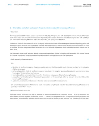 CONSOLIDATED FINANCIAL ­STATEMENTS
181
FIRST CHOICE
FOR ADVANCED APPLICATIONS
ANNUAL REPORT 2019/20AT S
ATS ANNUAL REPORT 2019/20 AUDITOR’S REPORT FIRST CHOICE
FOR ADVANCED APPLICATIONS
102
1. Deferred tax assets from tax loss carry-forwards and other deductible temporary differences
 Description
The Group capitalized deferred tax assets in a total amount of EUR 25,984k (prior year: EUR 35,555k). This amount includes deferred tax
assets from tax loss carry-forwards and amortization of goodwill under tax law in the amount of EUR 19,652k (prior year: EUR 22,648k) as
well as deductible temporary differences in the amount of EUR 6,332k (prior year: EUR 12,907k).
Deferred tax assets are capitalized based on the assumption that sufficient taxable income will be generated within a planning period of at
least 5 years against which tax loss carry-forwards and other deductible temporary differences can be offset. These assumptions are based
on estimates of current and planned taxable results and any future measures implemented by the companies concerned that will have an
effect on tax.
The assessment of the matter described requires professional judgment and involves estimation uncertainties and thus includes the risk
of a material misstatement in the consolidated financial statements, therefore constituting a key audit matter.
 Audit approach and key observations
We:
 Identified, for significant companies, the process used to determine the future taxable results that serve as a basis for the calculation
of deferred tax assets,
 Performed plausibility checks for significant companies to evaluate if the budgeted figures used are plausible when compared to our
knowledge of the planned course of business,
 Received tax advisor confirmation letters to confirm the existence and accuracy of the tax loss carry-forwards,
 Analyzed and confirmed samples of the accounting assumptions on the possibility to utilize tax loss carry-forwards and deductible
temporary differences, and
 Audited the presentation and disclosures in the notes to the consolidated financial statements.
We consider the capitalization of deferred tax assets from tax loss carry-forwards and other deductible temporary differences to be
justified and reasonable in amount.
 Reference to related disclosures
For further related information, we refer to the notes to the consolidated financial statements, section I. B. (e.) on accounting and
measurement policies in respect of income taxes, section I. C. critical accounting estimates and assumptions concerning recognition and
measurement, measurement of deferred tax assets and current income tax liabilities, as well as section III. 6. comments on income taxes.
 
