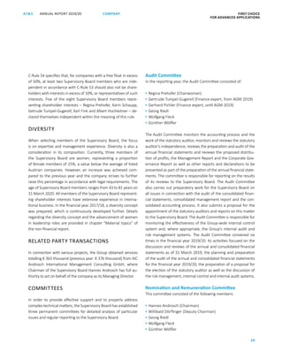 FIRST CHOICE
FOR ADVANCED APPLICATIONS
ANNUAL REPORT 2019/20AT S
39
COMPANY
C-Rule 54 specifies that, for companies with a free float in excess
of 50%, at least two Supervisory Board members who are inde-
pendent in accordance with C-Rule 53 should also not be share-
holders with interests in excess of 10%, or representatives of such
interests. Five of the eight Supervisory Board members repre-
senting shareholder interests – Regina Prehofer, Karin Schaupp,
Getrude Tumpel-Gugerell, Karl Fink and Albert Hochleitner – de-
clared themselves independent within the meaning of this rule.
DIVERSITY
When selecting members of the Supervisory Board, the focus
is on expertise and management experience. Diversity is also a
consideration in its composition. Currently, three members of
the Supervisory Board are women, representing a proportion
of female members of 25%, a value below the average of listed
Austrian companies. However, an increase was achieved com-
pared to the previous year and the company strives to further
raise this percentage in accordance with legal requirements. The
age of Supervisory Board members ranges from 43 to 81 years on
31 March 2020. All members of the Supervisory Board represent-
ing shareholder interests have extensive experience in interna-
tional business. In the financial year 2017/18, a diversity concept
was prepared, which is continuously developed further. Details
regarding the diversity concept and the advancement of women
in leadership roles are provided in chapter “Material topics” of
the non-financial report.
RELATED PARTY TRANSACTIONS
In connection with various projects, the Group obtained services
totalling € 363 thousand (previous year: € 376 thousand) from AIC
Androsch International Management Consulting GmbH, where
Chairman of the Supervisory Board Hannes Androsch has full au-
thority to act on behalf of the company as its Managing Director.
COMMITTEES
In order to provide effective support and to properly address
complex technical matters, the Supervisory Board has established
three permanent committees for detailed analysis of particular
issues and regular reporting to the Supervisory Board.
Audit Committee
In the reporting year, the Audit Committee consisted of:
▪  Regina Prehofer (Chairwoman)
▪  Gertrude Tumpel-Gugerell (Finance expert, from AGM 2019)
▪  Gerhard Pichler (Finance expert, until AGM 2019)
▪  Georg Riedl
▪  Wolfgang Fleck
▪  Günther Wölfler
The Audit Committee monitors the accounting process and the
work of the statutory auditor, monitors and reviews the statutory
auditor’s independence, reviews the preparation and audit of the
annual financial statements and reviews the proposed distribu-
tion of profits, the Management Report and the Corporate Gov-
ernance Report as well as other reports and declarations to be
presented as part of the preparation of the annual financial state-
ments. The committee is responsible for reporting on the results
of its reviews to the Supervisory Board. The Audit Committee
also carries out preparatory work for the Supervisory Board on
all issues in connection with the audit of the consolidated finan-
cial statements, consolidated management report and the con-
solidated accounting process. It also submits a proposal for the
appointment of the statutory auditors and reports on this matter
to the Supervisory Board. The Audit Committee is responsible for
monitoring the effectiveness of the Group-wide internal control
system and, where appropriate, the Group’s internal audit and
risk management systems. The Audit Committee convened six
times in the financial year 2019/20. Its activities focused on the
discussion and reviews of the annual and consolidated financial
statements as of 31 March 2019, the planning and preparation
of the audit of the annual and consolidated financial statements
for the financial year 2019/20, the preparation of a proposal for
the election of the statutory auditor as well as the discussion of
the risk management, internal control and internal audit systems.
Nomination and Remuneration Committee
This committee consisted of the following members:
▪  Hannes Androsch (Chairman)
▪  Willibald Dörflinger (Deputy Chairman)
▪  Georg Riedl
▪  Wolfgang Fleck
▪  Günther Wölfler
 