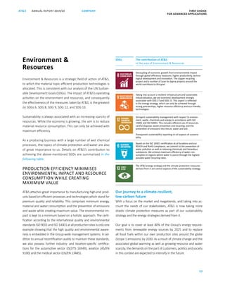ANNUAL REPORT 2019/20AT S FIRST CHOICE
FOR ADVANCED APPLICATIONS
52
COMPANY
SDGs The contribution of ATS
in the area of Environment  Resources
Decoupling of economic growth from environmental impact
through global efficiency measures, higher productivity, techno-
logical development and innovation. The copper recycling
project and a number of Lean Six Sigma projects around the
world contribute to this goal.
Taking into account a resilient infrastructure and sustainable
industrialisation, we see economic development strongly
associated with SDG 17 and SDG 13. This aspect is reflected
in the energy strategy, which can only be achieved through
strong partnerships, higher resource efficiency and eco-friendly
technologies.
Stringent sustainability management with respect to environ-
ment, waste, chemicals and energy in accordance with ISO
14001 and ISO 50001. This includes efficient use of resources,
careful disposal, waste prevention and recycling, and the
­prevention of emissions into the air, water and soil.
Transparent sustainability reporting on all aspects of sustaina-
bility.
Based on the ISO 14001 certification at all locations and our
REACH and RoHS compliance, we commit to the prevention of
water pollution as well as releasing chemicals and hazardous
substances. We achieve maximum efficiency of water con-
sumption in regions where water is scarce through the highest
possible water recycling rates.
The ATS energy strategy and the climate protection measures
derived from it are central aspects of the sustainability strategy.
Environment 
Resources
Environment  Resources is a strategic field of action of ATS,
to which the material topic efficient production technologies is
allocated. This is consistent with our analysis of the UN Sustain-
able Development Goals (SDGs). The impact of ATS’s operating
activities on the environment and resources, and consequently
the effectiveness of the measures taken by ATS, is the greatest
on SDGs 6, SDG 8, SDG 9, SDG 12, and SDG 13.
Sustainability is always associated with an increasing scarcity of
resources. While the economy is growing, the aim is to reduce
material resource consumption. This can only be achieved with
maximum efficiency.
As a producing business with a large number of wet chemical
processes, the topics of climate protection and water are also
of great importance to us. Details on ATS’s contribution to
achieving the above-mentioned SGDs are summarised in the
following table.
PRODUCTION EFFICIENCY MINIMISES
ENVIRONMENTAL IMPACT AND ­RESOURCE
CONSUMPTION WHILE CREATING
MAXIMUM VALUE
ATS attaches great importance to manufacturing high-end prod­
ucts based on efficient processes and technologies which stand for
premium quality and reliability. This comprises minimum energy,
material and water consumption and the prevention of emissions
and waste while creating maximum value. The environmental im-
pact is kept to a minimum based on a holistic approach. The certi-
fication according to the international quality and environmental
standardsISO9001andISO14001atallproductionsitesisonlyone
example showing that the high quality and environmental aware­
ness is embedded in the Group-wide management systems. In ad-
dition to annual recertification audits to maintain these standards,
we also possess further industry- and location-specific certifica-
tions for the automotive sector (ISO/TS 16949), aviation (AS/EN
9100) and the medical sector (DS/EN 13485).
Our journey to a climate-resilient,
low-carbon future
With a focus on the market and megatrends, and taking into ac-
count the needs of our stakeholders, ATS is now taking more
drastic climate protection measures as part of our sustainability
strategy and the energy strategies derived from it.
Our goal is to cover at least 80% of the Group’s energy require-
ments from renewable energy sources by 2025 and to replace
all fossil fuels within our own production sites around the globe
(Scope 1 emissions) by 2030. As a result of climate change and the
associated global warming as well as growing resource and water
scarcity, the demands on the part of customers, politics and society
in this context are expected to intensify in the future.
 