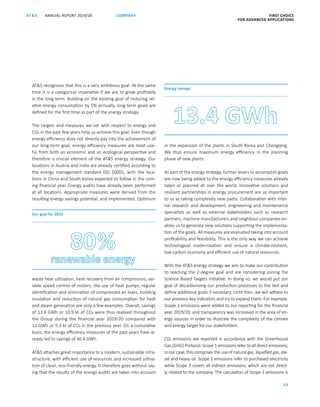 FIRST CHOICE
FOR ADVANCED APPLICATIONS
ANNUAL REPORT 2019/20AT S
53
COMPANY
ATS recognises that this is a very ambitious goal. At the same
time it is a categorical imperative if we are to grow profitably
in the long term. Building on the existing goal of reducing rel-
ative energy consumption by 5% annually, long-term goals are
defined for the first time as part of the energy strategy.
The targets and measures we set with respect to energy and
CO2 in the past few years help us achieve this goal. Even though
energy efficiency does not directly pay into the achievement of
our long-term goal, energy efficiency measures are most use-
ful from both an economic and an ecological perspective and
therefore a crucial element of the ATS energy strategy. Our
locations in Austria and India are already certified according to
the energy management standard ISO 50001, with the loca-
tions in China and South Korea expected to follow in the com-
ing financial year. Energy audits have already been performed
at all locations. Appropriate measures were derived from the
resulting energy savings potential, and implemented. Optimum
Our goal for 2025
waste heat utilisation, heat recovery from air compressors, var-
iable speed control of motors, the use of heat pumps, regular
identification and elimination of compressed air leaks, building
insulation and reduction of natural gas consumption for heat
and steam generation are only a few examples. Overall, savings
of 13.4 GWh or 10.9 kt of CO2 were thus realised throughout
the Group during the financial year 2019/20 compared with
12 GWh or 9.3 kt of CO2 in the previous year. On a cumulative
basis, the energy efficiency measures of the past years have al-
ready led to savings of 46.4 GWh.
ATS attaches great importance to a modern, sustainable infra-
structure, with efficient use of resources and increased utilisa-
tion of clean, eco-friendly energy. It therefore goes without say-
ing that the results of the energy audits are taken into account
in the expansion of the plants in South Korea and Chongqing.
We thus ensure maximum energy efficiency in the planning
phase of new plants.
As part of the energy strategy, further levers to accomplish goals
are now being added to the energy efficiency measures already
taken or planned all over the world. Innovative solutions and
resilient partnerships in energy procurement are as important
to us as taking completely new paths. Collaboration with inter-
nal research and development, engineering and maintenance
specialists as well as external stakeholders such as research
partners, machine manufacturers and neighbour companies en-
ables us to generate new solutions supporting the implementa-
tion of the goals. All measures are evaluated taking into account
profitability and feasibility. This is the only way we can achieve
technological modernisation and ensure a climate-resilient,
low-carbon economy and efficient use of natural resources.
With the ATS energy strategy we aim to make our contribution
to reaching the 2-degree goal and are considering joining the
Science Based Targets initiative. In doing so, we would put our
goal of decarbonising our production processes to the test and
define additional goals if necessary. Until then, we will adhere to
our previous key indicators and try to expand them. For example,
Scope 3 emissions were added to our reporting for the financial
year 2019/20, and transparency was increased in the area of en-
ergy sources in order to illustrate the complexity of the climate
and energy target for our stakeholders.
CO2 emissions are reported in accordance with the Greenhouse
Gas (GHG) Protocol. Scope 1 emissions refer to all direct emissions;
in our case, this comprises the use of natural gas, liquefied gas, die-
sel and heavy oil. Scope 2 emissions refer to purchased electricity
while Scope 3 covers all indirect emissions, which are not direct-
ly related to the company. The calculation of Scope 1 emissions is
Energy savings
 