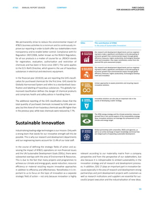 FIRST CHOICE
FOR ADVANCED APPLICATIONS
ANNUAL REPORT 2019/20AT S
59
COMPANY
We permanently strive to reduce the environmental impact of
ATS’s business activities to a minimum and to continuously im-
prove our reporting in order to both offer our stakeholders more
transparency and to enable better control. Compliance with EU
Regulation 1907/2006, better known as the REACH Regulation,
for all our products is a matter of course for us. (REACH stands
for registration, evaluation, authorisation and restriction of
chemicals and has been in force since 2007.) The same applies
to the EU’s RoHS Directive, which governs the use of hazardous
substances in electrical and electronic equipment.
In the financial year 2019/20, we are reporting the GHS classifi-
cation for purchased chemicals for the first time. GHS stands for
Globally Harmonised System and refers to a standardised classi-
fication and labelling of hazardous substances. This globally har-
monised classification defines the danger of chemical products
and comprises health and safety advice in handling them.
The additional reporting of the GHS classification shows that the
total quantity of purchased chemicals increased by 6.6% year-on-
year, but the share of non-hazardous chemicals was 8% higher than
in the previous year, while toxic chemicals were reduced by 7.7%.
Sustainable Innovation
Industrialising leading-edge technologies is our mission. Only with
a strong team that stands for our innovative strength will this be
possible. This is why our research and development departments
and our engineering teams account for 11.4% of our total staff.
In the course of defining the strategic fields of action and as-
sessing the impact of ATS’s operations on non-financial issues
and the UN Sustainable Development Goals (SDGs), there were
substantial overlaps with the area of Environment  Resources.
This is due to the fact that many projects and programmes to
achieve our climate and energy goals, waste reduction, resource
efficiency or material recycling require innovative approaches
in addition to efficiency and effectiveness. Nonetheless it is im-
portant to us to focus on the topic of innovation as a separate
strategic field of action – not only because innovation is highly
relevant according to our materiality matrix from a company
perspective and from the perspective of our stakeholders, but
also because it is indispensable to embed sustainability in the
innovation strategy and all research and development process-
es. In addition, SDG 17 plays an important part in innovation be-
cause especially in the area of research and development strong
partnerships and joint development projects with customers as
well as research institutions and suppliers are essential for suc-
cessful project execution and the industrialisation of new ideas.
SDGs The contribution of ATS
in the area of Sustainable Innovation
Our research and development departments and our engineer­
ing teams make a significant contribution to the decoupling of
economic growth from environmental impact through global
efficiency measures, higher productivity, technological develop-
ment and innovation. One major contribution comes from the
planned life cycle assessment project.
Our research and development departments and our engineer­
ing teams make a significant contribution to the decoupling of
economic growth from environmental impact through global
efficiency measures, higher productivity, technological develop-
ment and innovation.
Certain approaches to waste prevention and recycling require
innovative solutions.
Innovative solutions can also play an important role in the
course of developing a water strategy.
The ATS energy strategy and the climate protection measures
derived from it are central aspects of the sustainability strategy.
New, innovative solutions can leverage the achievement of the
climate and energy target.
Global partnerships with universities, NGOs and agencies, as
well as an active exchange of expert knowledge and know-how
are integral parts of expanding sustainable development.
 