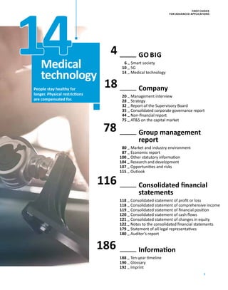 3
14
18
78
116
186
	 GO BIG
6 – Smart society
10 – 5G
14 – Medical technology
	Company
20 – Management interview
28 – Strategy
32 – Report of the Supervisory Board
35 – Consolidated corporate governance report
44 – Non-financial report
75 – ATS on the capital market
	Group management
report
80 – Market and industry environment
87 – Economic report
100 – Other statutory information
104 – Research and development
107 – Opportunities and risks
115 – Outlook
	Consolidated financial
­statements
118 – Consolidated statement of profit or loss
118 – Consolidated statement of comprehensive income
119 – Consolidated statement of financial position
120 – Consolidated statement of cash flows
121 – Consolidated statement of changes in equity
122 – Notes to the consolidated financial statements
179 – Statement of all legal representatives
180 – Auditor’s report
	Information
188 – Ten-year timeline
190 – Glossary
192 – Imprint
People stay healthy for
­longer. Physical restrictions
are compensated for.
Medical
technology
4
FIRST CHOICE
FOR ADVANCED APPLICATIONS
 