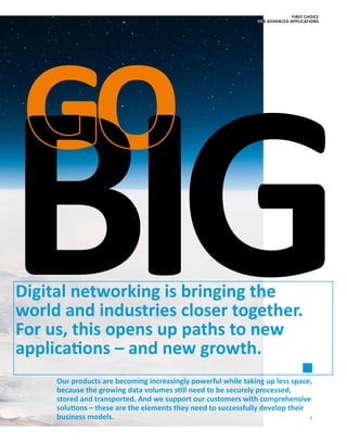 5
GO
BIG
FIRST CHOICE
FOR ADVANCED APPLICATIONS
Digital networking is bringing the
world and industries closer together.
For us, this opens up paths to new
­appli­cations – and new growth.
Our products are becoming increasingly powerful while taking up less space,
because the growing data volumes still need to be securely processed,
stored and transported. And we support our customers with comprehensive
solutions – these are the elements they need to successfully develop their
­business models.
 