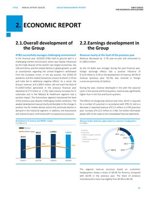 87
GROUP MANAGEMENT REPORT FIRST CHOICE
FOR ADVANCED APPLICATIONS
ANNUAL REPORT 2019/20AT SATS ANNUAL REPORT 2019 /20 GROUP MANAGEMENT REPORT FIRST CHOICE
FOR ADVANCED APPLICATIONS
9
2.1.Overall development of
the Group
ATS successfully manages challenging environment
In the financial year 2019/20 ATS held its ground well in a
challenging market environment, which was heavily influenced
by the trade dispute of the world’s two largest economies, the
USA and China, and the related decline in global growth, as well
as uncertainties regarding the United Kingdom’s withdrawal
from the European Union. In the last quarter, the COVID-19
pandemic and the related temporary closure of plants in China
and India led to additional negative effects. As a result, the
Group’s revenue, at € 1,000.6 million, did not reach the level of
€ 1,028.0 million generated in the previous financial year
(deviation € 27.4 million or -2.7%). Sales volume increases for IC
substrates and in the Medical  Healthcare segment had a
positive impact. The Automotive segment maintained the level
of the previous year despite challenging market conditions. The
weaker development was primarily attributable to the change in
product mix for mobile devices and to the continued decline in
demand in the Industrial segment. In addition, the Automotive
and Industrial were confronted with increased price pressure.
2.2.Earnings development in
the Group
Revenue nearly at the level of the previous year
Revenue decreased by -2.7% year-on-year and amounted to
€ 1,000.6 million.
As the US dollar was stronger during the past financial year,
foreign exchange effects had a positive influence of
€ 31.8 million or 3.1% on the development of revenue. 84.3% of
revenue (previous year: 81.5%) was invoiced in foreign
currencies (primarily US dollars).
During the year, revenue developed in line with the seasonal
cycle. In the second and third quarters, revenue was significantly
higher than in the first and fourth quarters.
The effects of recognising revenue over time, which is required
for a number of customers in accordance with IFRS 15, led to a
decrease in reported revenue of € 3.1 million or 0.3% (previous
year: increase of € 22.5 million or 2.3%). For further information
please refer to the notes to the consolidated financial statements.
The regional revenue structure based on customers’
headquarters shows a share of 68.3% for America compared
with 66.4% in the previous year. The share of products
manufactured in Asia rose slightly from 85.0% to 86.5%.
814.9
991.8 1,028.0 1,000.6
16.1
22.8 24.3
19.4
2016/17 2017/18 2018/19 2019/20
Revenue
EBITDA margin
Development of revenue and EBITDA margin
€ in millions/in %
16.5 141.1
77.9
26.5
54.8683.8
Austria
Germany
Other European countries
China
Other Asian countries
Americas
Revenue broken down by region, based on customers' headquarters
€ in millions
2. ECONOMIC REPORT
 