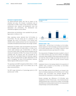 89
GROUP MANAGEMENT REPORT FIRST CHOICE
FOR ADVANCED APPLICATIONS
ANNUAL REPORT 2019/20AT SATS ANNUAL REPORT 2019/20 GROUP MANAGEMENT REPORT FIRST CHOICE
FOR ADVANCED APPLICATIONS
11
Increase in expense items
The above-mentioned effects also had an impact on the
individual cost areas. The increase in production costs of
€ 36.8 million to € 897.7 million results primarily from higher
maintenance costs, research and development costs, and
depreciation and amortisation. This development was
intensified by negative currency effects.
Administrative and distribution costs exceeded the prior-year
figures by € 1.1 million or 1.7%.
Other operating income declined from € 17.4 million to
€ 12.9 million. This was mainly due to a decrease in the
exchange rate result of € 2.8 million in the financial year
2019/20, which resulted primarily from the measurement of
receivables and liabilities denominated in the stronger US dollar.
Depreciation of property, plant and equipment and amortisa-
tion of intangible assets of € 146.2 million or 15.4% of non-
current assets (previous year: € 132.9 million or 15.9% of
noncurrent assets) reflect the high technical standard and the
intensity of investment of ATS. The increase of € 13.3 million
compared with the previous year was accounted for by
€ 8.1 million from the Mobile Devices  Substrates segment
(MS), and here predominantly by higher depreciation at the
plant in Chongqing. The share of the Automotive, Industrial,
Medical segment (AIM) rose by € 4.7 million.
The operating result (EBIT) dropped by € 69.8 million or -59.6%
to € 47.4 million (previous year: € 117.2 million) due to the
above-mentioned effects.
The EBIT margin declined by -6.7 percentage points to 4.7%
(previous year: 11.4%).
Finance costs – net
Finance costs – net fell from € -2.0 million to € -6.5 million.
Interest expense on bank borrowings and bonds amounted to
€ 11.4 million (previous year: € 12.2 million). Interest on social
capital remained at the prior-year level of € 1.1 million.
The measurement of hedging instruments resulted in a loss of
€ 1.5 million (previous year: loss of € 0.1 million). The hedging
instruments swap variable for fixed interest payments which do
not meet the criteria of hedge accounting since the term and
the amount do not match the primary secured financial
liabilities.
Capitalised interest on borrowings related to the acquisition of
qualified assets increased by € 0.2 million to € 0.4 million
(previous year: € 0.2 million).
Due to the higher volume of time deposits, an increase in the
return on financial investments of € 1.8 million to € 6.7 million
(previous year: € 4.9 million) was achieved although the
environment for investments is currently unfavourable.
Positive exchange rate differences of € 3.8 million were
recognised as income in finance costs – net in the financial year
2019/20 (previous year: income of € 9.2 million). The exchange
rate differences resulted predominantly from the measurement
of liquid foreign currency funds and debts.
6.6
90.3
117.2
47.4
2016/17 2017/18 2018/19 2019/20
Development of EBIT
€ in millions
 