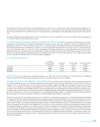 139KonzernabschlussKonzernabschluss121
Die Strategie des Konzerns besteht darin, die Eigenkapitalquote von 40 % nicht zu unterschreiten sowie die fiktive Entschuldungsdauer von
3,0 Jahren nicht zu überschreiten. Dadurch besteht ausreichend Spielraum, um das Eintreten von ungünstigen Geschäftsentwicklungen abzufe-
dern und den Fortbestand des Unternehmens auch in Krisensituationen zu gewährleisten. Kurzfristige Abweichungen werden in Kauf genom-
men.
Zum Bilanzstichtag betrug die Eigenkapitalquote 37,6 % und lag damit unter dem Vorjahreswert von 42,3 %. Die fiktive Entschuldungsdauer lag
mit 2,9 Jahren über dem Vorjahreswert von 1,6 Jahren.
21. EVENTUALSCHULDEN UND SONSTIGE FINANZIELLE VERPFLICHTUNGEN In Bezug auf unkündbare Leasing- und Miet-
verträge wird auf Erläuterung 16 „Finanzielle Verbindlichkeiten“ verwiesen. Zum 31. März 2017 bestehen im Konzern sonstige finanzielle Ver-
pflichtungen in Höhe von 57.927 Tsd. € (Vorjahr: 80.127 Tsd. €) im Zusammenhang mit verbindlich kontrahierten Investitionsvorhaben. Die zum
Bilanzstichtag übernommene Ausfallshaftung im Rahmen der Forderungsverkäufe beträgt 4.919 Tsd. € (Vorjahr: 0 Tsd. €). Dieser Betrag ent-
spricht dem maximalen Risiko, d. h. wenn es bei allen übertragenen Forderungen gleichzeitig zu Forderungsausfällen kommen würde. Diese
Wahrscheinlichkeit der Inanspruchnahme der Ausfallshaftung ist äußerst gering. Der erwartete Wert dieses Risikos beträgt 21 Tsd. €. Weiters
bestehen zum Bilanzstichtag keine Haftungsverhältnisse aus Bankgarantien (Vorjahr: 0 Tsd. €). Andere Garantien bzw. sonstige Haftungszusagen
aus dem laufenden Geschäftsbetrieb sind zum Bilanzstichtag nicht gegeben.
22. GEZEICHNETES KAPITAL
Im Umlauf
befindliche Aktien
in Tsd. Stück
Grundkapital
in Tsd. €
Kapitalrücklage
in Tsd. €
Gezeichnetes Kapital
in Tsd. €
31.03.2015 38.850 42.735 99.111 141.846
31.03.2016 38.850 42.735 99.111 141.846
31.03.2017 38.850 42.735 99.111 141.846
GRUNDKAPITAL Das Grundkapital der Gesellschaft beträgt zum 31. März 2017 42.735 Tsd. € (Vorjahr: 42.735 Tsd. €) und ist in 38.850.000
(Vorjahr: 38.850.000) auf Inhaber lautende Stückaktien mit einem rechnerischen Wert von je 1,10 € eingeteilt.
GENEHMIGTES KAPITAL UND BEDINGTE KAPITALERHÖHUNG Der Vorstand wurde mit Beschluss der 20. Hauptversammlung vom
3. Juli 2014 ermächtigt, bis zum 2. Juli 2019 das Grundkapital der Gesellschaft mit Zustimmung des Aufsichtsrats um bis zu 21.367,5 Tsd. € durch
Ausgabe von bis zu 19.425.000 neuen, auf den Inhaber lautenden Stückaktien, gegen Bareinlage oder Sacheinlage, einmal oder in mehreren
Tranchen, auch im Wege eines mittelbaren Bezugsangebots nach Übernahme durch ein oder mehrere Kreditinstitute gemäß § 153 Abs. 6 AktG,
zu erhöhen. Der Vorstand wurde ermächtigt, hierbei mit Zustimmung des Aufsichtsrats das Bezugsrecht der Aktionäre ganz oder teilweise auszu-
schließen sowie mit Zustimmung des Aufsichtsrats die näheren Ausgabebedingungen (insbesondere Ausgabebetrag, Gegenstand der Sacheinla-
ge, Inhalt der Aktienrechte, Ausschluss der Bezugsrechte etc.) festzulegen (genehmigtes Kapital). Der Aufsichtsrat wurde ermächtigt, Änderun-
gen der Satzung, die sich durch die Ausgabe von Aktien aus dem genehmigten Kapital ergeben, zu beschließen.
Darüber hinaus wurde in der 20. Hauptversammlung am 3. Juli 2014 die in der Hauptversammlung vom 7. Juli 2010 beschlossene Ermächtigung
zur Ausgabe von Wandelschuldverschreibungen widerrufen und gleichzeitig der Vorstand ermächtigt, mit Zustimmung des Aufsichtsrats bis zum
2. Juli 2019 einmalig oder mehrmals auf den Inhaber lautende Wandelschuldverschreibungen im Gesamtbetrag von bis zu 150.000 Tsd. € auszu-
geben und den Inhabern von Wandelschuldverschreibungen Umtausch- und/oder Bezugsrechte auf bis zu 19.425.000 Stück neue, auf Inhaber
lautende Stückaktien der Gesellschaft nach Maßgabe der vom Vorstand, mit Zustimmung des Aufsichtsrats, festzulegenden Wandelschuldver-
schreibungsbedingungen zu gewähren. Der Vorstand wurde ermächtigt, das Bezugsrecht der Aktionäre auf Wandelschuldverschreibungen ganz
oder teilweise auszuschließen. Die Wandelschuldverschreibungen können auch durch eine zu 100 % direkt oder indirekt im Eigentum der AT  S
Austria Technologie  Systemtechnik Aktiengesellschaft stehende Gesellschaft ausgegeben werden. Für diesen Fall wurde der Vorstand ermäch-
tigt, mit Zustimmung des Aufsichtsrats für die Gesellschaft eine Garantie für die Wandelschuldverschreibungen zu übernehmen und den Inha-
bern der Wandelschuldverschreibungen Umtausch- und/oder Bezugsrechte auf Aktien der AT  S Austria Technologie  Systemtechnik Aktien-
gesellschaft zu gewähren.
 