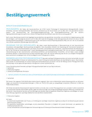 149BestätigungsvermerkBestätigungsvermerk131
BERICHT ZUM KONZERNABSCHLUSS
PRÜFUNGSURTEIL Wir haben den Konzernabschluss der AT  S Austria Technologie  Systemtechnik Aktiengesellschaft, Leoben-
Hinterberg, und ihrer Tochtergesellschaften (der Konzern), bestehend aus der Konzernbilanz zum 31. März 2017, der gesonderten Konzern-
Gewinn- und Verlustrechnung, der Konzerngesamtergebnisrechnung, der Konzerngeldflussrechnung und der Konzern–
Eigenkapitalveränderungsrechnung für das an diesem Stichtag endende Geschäftsjahr sowie dem Konzernanhang, geprüft.
Nach unserer Beurteilung entspricht der beigefügte Konzernabschluss den gesetzlichen Vorschriften und vermittelt ein möglichst getreues Bild
der Vermögens- und Finanzlage des Konzerns zum 31. März 2017 sowie der Ertragslage und der Zahlungsströme des Konzerns für das an diesem
Stichtag endende Geschäftsjahr in Übereinstimmung mit den International Financial Reporting Standards (IFRS), wie sie in der EU anzuwenden
sind, und den zusätzlichen Anforderungen des § 245a UGB.
GRUNDLAGE FÜR DAS PRÜFUNGSURTEIL Wir haben unsere Abschlussprüfung in Übereinstimmung mit den österreichischen
Grundsätzen ordnungsmäßiger Abschlussprüfung durchgeführt. Diese Grundsätze erfordern die Anwendung der International Standards on
Auditing (ISA). Unsere Verantwortlichkeiten nach diesen Vorschriften und Standards sind im Abschnitt „Verantwortlichkeiten des Abschlussprü-
fers für die Prüfung des Konzernabschlusses“ unseres Bestätigungsvermerks weitergehend beschrieben. Wir sind vom Konzern unabhängig in
Übereinstimmung mit den österreichischen unternehmensrechtlichen und berufsrechtlichen Vorschriften, und wir haben unsere sonstigen
beruflichen Pflichten in Übereinstimmung mit diesen Anforderungen erfüllt. Wir sind der Auffassung, dass die von uns erlangten Prüfungsnach-
weise ausreichend und geeignet sind, um als Grundlage für unser Prüfungsurteil zu dienen.
BESONDERS WICHTIGE PRÜFUNGSSACHVERHALTE Besonders wichtige Prüfungssachverhalte sind solche Sachverhalte, die nach
unserem pflichtgemäßen Ermessen am bedeutsamsten für unsere Prüfung des Konzernabschlusses des Geschäftsjahres waren. Diese Sachver-
halte wurden im Zusammenhang mit unserer Prüfung des Konzernabschlusses als Ganzem und bei der Bildung unseres Prüfungsurteils hierzu
berücksichtigt, und wir geben kein gesondertes Prüfungsurteil zu diesen Sachverhalten ab.
Unsere Darstellung dieser besonders wichtigen Prüfungssachverhalte haben wir wie folgt strukturiert:
 Sachverhalt
 Prüferisches Vorgehen
 Verweis auf weitergehende Information
1. AKTIVE LATENTE STEUERN AUS VERLUSTVORTRÄGEN UND SONSTIGEN ABZUGSFÄHIGEN TEMPORÄREN DIFFERENZEN
 Sachverhalt
Der Konzern hat insgesamt TEUR 38.659 aktive latente Steuern angesetzt. Darin sind im Wesentlichen latente Steueransprüche aus Verlustvor-
trägen und steuerliche Firmenwertabschreibungen in Höhe von TEUR 13.729 sowie aus abzugsfähigen temporären Differenzen in Höhe von
TEUR 24.930 enthalten.
Dem Ansatz der latenten Steueransprüche liegt die Annahme zu Grunde, dass in einem Planungszeitraum von zumindest 5 Jahren ausreichend
zu versteuernde Einkünfte erwirtschaftet werden, gegen die Verlustvorträge und sonstige abzugsfähige temporäre Differenzen verwendet wer-
den können. Diese Annahmen beruhen auf Einschätzungen der aktuellen sowie der geplanten steuerlichen Ergebnisse und allfälligen mit steuer-
licher Wirkung umgesetzten zukünftigen Maßnahmen der betroffenen Gesellschaften.
 Prüferisches Vorgehen
Wir haben:
- für wesentliche Gesellschaften den Prozess zur Ermittlung der zukünftigen steuerlichen Ergebnisse als Basis für die Berechnung der latenten
Steueransprüche erhoben,
- für wesentliche Gesellschaften nachvollzogen, ob die verwendeten Planzahlen im Vergleich mit unseren Kenntnissen zum geplanten Ge-
schäftsverlauf plausibel sind,
- uns das Vorhandensein und die Richtigkeit der Verlustvorträge durch Einholung von Steuerberaterschreiben bestätigen lassen,
Bestätigungsvermerk
 