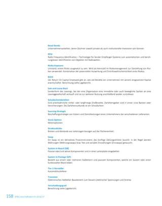 158 ATS Geschäftsbericht 2016/176 ATS Geschäftsbericht 2016/17
Retail Bonds
Unternehmensanleihen, deren Zeichner sowohl private als auch institutionelle Investoren sein können.
RFID
Radio Frequency Identification – Technologie für Sender-Empfänger-Systeme zum automatischen und berüh-
rungslosen Identifizieren von Objekten mit Radiowellen.
Risiko-Exposure
Umstand, einem Risiko ausgesetzt zu sein. Wird als Kennzahl im Risikomanagement zur Darstellung von Risi-
ken verwendet: Kombination der potenziellen Auswirkung und Eintrittswahrscheinlichkeit eines Risikos.
ROCE
Der Return On Capital Employed gibt an, wie viel Rendite ein Unternehmen mit seinem eingesetzten Kapital
erwirtschaftet. Berechnung siehe Lagebericht.
Sale-and-Lease-Back
Sonderform des Leasings, bei der eine Organisation eine Immobilie oder auch bewegliche Sachen an eine
Leasinggesellschaft verkauft und sie zur weiteren Nutzung anschließend wieder zurückleast.
Schuldscheindarlehen
Sind anleiheähnliche mittel- oder langfristige Großkredite. Darlehensgeber sind in erster Linie Banken oder
Versicherungen. Die Darlehensurkunde ist ein Schuldschein.
Sourcing-Strategie
Beschaffungsstrategie von Gütern und Dienstleistungen eines Unternehmens bei verschiedenen Lieferanten.
Stock-Options
Aktienoptionen.
Strukturdichte
Breiten und Abstände von Leiterzügen bezogen auf die Flächeneinheit.
Swap
Ein Swap ist ein derivatives Finanzinstrument, das künftige Zahlungsströme tauscht. In der Regel werden
Währungen (Währungsswaps) bzw. fixe und variable Zinszahlungen (Zinsswaps) getauscht.
System-in-Board (SiB)
Passive oder/und aktive Komponenten sind in einer Leiterplatte eingebettet.
System-in-Package (SiP)
Besteht aus einem oder mehreren Halbleitern und passiven Komponenten, welche ein System oder einen
funktionellen Block bilden.
Tier-1-Hersteller
Automobilzulieferer.
Transistor
Elektronisches Halbleiter-Bauelement zum Steuern elektrischer Spannungen und Ströme.
Verschuldungsgrad
Berechnung siehe Lagebericht.
 