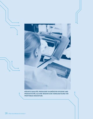 26
HÖCHSTE QUALITÄT, PRODUZIERT IN GRÖSSTER EFFIZIENZ UND
PRODUKTIVITÄT, ALS EINE WESENTLICHE VORAUSSETZUNG FÜR
PROFITABLES WACHSTUM.
ATS Geschäftsbericht 2016/17
 