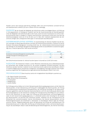 37Corporate Governance BerichtCorporate Governance Bericht 19
Prehofer und Dr. Karin Schaupp sowie KR Ing. Dörflinger, Dkfm. Fink und DI Hochleitner und damit fünf von
acht Kapitalvertretern erklärten sich auch in diesem Sinne als unabhängig.
DIVERSITÄT Bei der Auswahl der Mitglieder des Aufsichtsrats stehen einschlägiges Wissen und Erfahrung
in Führungspositionen im Vordergrund. Zusätzlich wird bei der Zusammensetzung auf Diversität geachtet.
Unter den Mitgliedern des Aufsichtsrats gibt es drei Frauen, womit mit einer Frauenquote von 25 % ein über-
durchschnittlicher Wert im Vergleich zu anderen österreichischen Unternehmen erreicht wird. Das Alter der
Aufsichtsratsmitglieder reicht von 47 bis 78 Jahre zum 31. März 2017. Sämtliche Kapitalvertreter des Auf-
sichtsrats verfügen über umfangreiche Erfahrungen im internationalen Geschäftsverkehr.
ZUSTIMMUNGSPFLICHTIGE VERTRÄGE Im Zusammenhang mit diversen Projekten hat der Kon-
zern Leistungen von Beratungsunternehmen, bei denen der Aufsichtsratsvorsitzende Dr. Androsch für die AIC
Androsch International Management Consulting GmbH bzw. der stellvertretende Aufsichtsratsvorsitzende
Ing. Dörflinger für die Dörflinger Management  Beteiligungs GmbH als Geschäftsführer einzelvertretungsbe-
fugt sind, in Anspruch genommen. Dafür wurde verrechnet:
in Tsd. € 2016/17 2015/16
AIC Androsch International Management Consulting GmbH 383 395
Dörflinger Management  Beteiligungs GmbH 4 5
Summe 387 400
Dem Aufsichtsratsvorsitzenden Dr. Androsch wurden Spesen im Ausmaß von 13.937,16 € ersetzt.
AUSSCHÜSSE Der Aufsichtsrat richtete zu seiner effizienten Unterstützung und zur Behandlung komple-
xer Sachverhalte zwei ständige Ausschüsse ein, die einzelne Sachgebiete vertiefend behandeln und dem
Aufsichtsrat darüber berichten. Zusätzlich hat der Aufsichtsrat bereits während des Geschäftsjahrs 2016/17
zur weiteren Begleitung des Vorstands bei strategischen und budgetären Planungen temporär einen Projekt-
ausschuss eingerichtet. Der Projektausschuss tagte während des Geschäftsjahrs 2016/17 noch nicht.
PRÜFUNGSAUSSCHUSS Dieser Ausschuss setzte sich im abgelaufenen Geschäftsjahr zusammen aus:
 DDr. Regina Prehofer (Vorsitzende)
 Mag. Gerhard Pichler (Finanzexperte)
 Dr. Georg Riedl
 Wolfgang Fleck
 Günther Wölfler
Der Prüfungsausschuss befasst sich mit der Überwachung des Rechnungslegungsprozesses und der Arbeit des
Abschlussprüfers, mit der Überwachung und Prüfung der Unabhängigkeit des Abschlussprüfers, der Prüfung
und Vorbereitung der Feststellung des Jahresabschlusses, der Prüfung des Vorschlags für die Gewinnvertei-
lung, des Lageberichts sowie des Corporate Governance Berichts und ist für die Erstattung des Berichts über
die Prüfungsergebnisse an den Aufsichtsrat zuständig. Der Prüfungsausschuss beschäftigt sich auch vorberei-
tend für den Aufsichtsrat mit allen Fragen der Prüfung des Konzernabschlusses und Konzernlageberichts
sowie mit dem Konzernrechnungslegungsprozess. Er unterbreitet weiters einen Vorschlag für die Auswahl
des Abschlussprüfers und berichtet dem Aufsichtsrat darüber. Außerdem hat der Prüfungsausschuss die
Wirksamkeit des unternehmensweiten Internen Kontrollsystems, des Internen Revisionssystems und des
Risikomanagementsystems der Gesellschaft zu überwachen. Im Geschäftsjahr 2016/17 tagte der Prüfungs-
ausschuss dreimal. Tätigkeitsschwerpunkte waren die Behandlung und Prüfung des Jahresabschlusses und
Konzernabschlusses zum 31. März 2016, die Planung und Vorbereitung der Jahres- und Konzernabschlussprü-
fung für das Geschäftsjahr 2016/17 sowie die Behandlung des Risikomanagements, des Internen Kontrollsys-
 