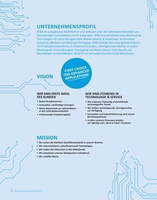 MISSION
2 AT&S Geschäftsbericht 2016/17
§	 Wir setzen die höchsten Qualitätsstandards in unserer Branche
§	 Wir industrialisieren zukunftsweisende Technologien
§	 Wir stellen den Menschen in den Mittelpunkt
§	 Wir reduzieren unseren ökologischen Fußabdruck
§	 Wir schaffen Werte
WIR SIND ERSTE WAHL
DES KUNDEN
§	 Bestes Kundenservice
§	 Innovative, nachhaltige Lösungen
§	 Klares Bekenntnis zur Spitzenklasse
in der ­Leiterplattenindustrie
§	 Umfassendes Produktangebot
WIR SIND FÜHREND IN
TECHNOLOGIE & SERVICE
§	 Wir erkennen frühzeitig entscheidende
technologische Trends
§	 Wir stellen wertsteigernde Lösungsansätze
zur Verfügung
§	 Innovation und Industrialisierung sind unsere
Kernkompetenzen
§	 In allen unseren Prozessen streben
wir ständig nach „Best-in-Class“-Ansätzen
UNTERNEHMENSPROFIL
AT&S ist europäischer Marktführer und weltweit einer der führenden Hersteller von
hochwertigen Leiterplatten und IC-Substraten. AT&S industrialisiert zukunftsweisende
Technologien für seine Kerngeschäfte Mobile Devices & Substrates, Automotive,
Industrial, Medical und Advanced Packaging. AT&S verfügt über eine globale Präsenz
mit Produktionsstandorten in Österreich (Leoben, Fehring) sowie Werken in Indien
(Nanjangud), China (Shanghai, Chongqing) und Korea (Ansan nahe Seoul) und
beschäftigte im Geschäftsjahr 2016/17 im Jahresdurchschnitt 9.526 Mitarbeiter.
VISION
FIRST CHOICE
FOR ADVANCED
APPLICATIONS
 