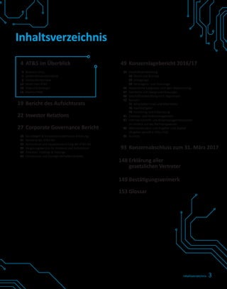 3Inhaltsverzeichnis
Inhaltsverzeichnis
	49	Konzernlagebericht 2016/17
	 50	 Geschäftsentwicklung
		50	 Markt und Branche
		55	 Ertragslage
		59	 Vermögens- und Finanzlage
	 66	 Wesentliche Ereignisse nach dem Bilanzstichtag
	 67	 Standorte und Zweigniederlassungen
	 68	 Geschäftsentwicklung nach Segmenten
	 72	 Konzern
		72	 Mitarbeiterinnen und Mitarbeiter
		76	 Nachhaltigkeit
		79	 Forschung und Entwicklung
	 81	 Chancen- und Risikomanagement
	 87	 Internes Kontroll- und Risikomanagementsystem
		 im Hinblick auf das Rechnungswesen
	 88	 Aktionärsstruktur und Angaben zum Kapital
		 (Angaben gemäß § 243a UGB)
	 90	 Ausblick
	93	Konzernabschluss zum 31. März 2017
	148	 Erklärung aller
		gesetzlichen Vertreter
	149	Bestätigungsvermerk
	153	 Glossar
	 4	AT&S im Überblick
	 4	 Business Units
	 5	 Unternehmensstandorte
	 6	 Vorstandsinterview
	 12	 More than AT&S
	 14	 Ziele und Strategie
	 16	 Marktumfeld
	19	Bericht des Aufsichtsrats
	22	Investor Relations
	27	Corporate Governance Bericht
	 28	 Grundlagen & Corporate-Governance-Erklärung
	 31	 Vorstand der AT&S AG
	 33	 Aufsichtsrat und Hauptversammlung der AT&S AG
	 39	 Vergütungsbericht für Vorstand und Aufsichtsrat
	 43	 Directors’ Holdings & Dealings
	 44	 Compliance und Sonstige Verhaltenskodizes
 