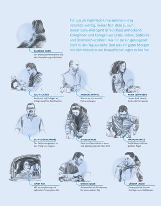 SANDRA LAMM
Die erste halbe Stunde
des Tages zum Krafttanken
KARIN LEINWEBER
Lernen dank heraus­
fordernder Umstände
Für uns als High-Tech-Unternehmen ist es
natürlich wichtig, immer früh dran zu sein.
Dieser Early-Bird-Spirit ist durchaus ansteckend.
Kolleginnen und Kollegen aus China, Indien, Südkorea
und Österreich erzählen, wie für sie ein gelungener
Start in den Tag aussieht. Und was ein guter Morgen
mit dem Meistern von Herausforderungen zu tun hat.
JOSEF SCHAAR
Austausch mit Kollegen als
Erfolgsrezept für Best Practice
RAINBOW YUAN
Von ersten Sonnenstrahlen und
der Jahresplanung im Frühjahr
ANDREAS WIPPEL
Warum es sich auszahlt,
früh anzufangen
GYESEON PARK
Geist und Gesundheit in einer
sich ständig verändernden Welt
MARKO MARKEZ
Steile Wege und eine
goldene Regel
SATHYA GANAPATHRI
Der Fehler von gestern ist
der Erfolg von morgen
JENNY NIU
Mit Routenplanung und
optimalem Timing zum Ziel
MARIO EGGER
Gelassenheit als Fundament
für einen aktiven Tag
 