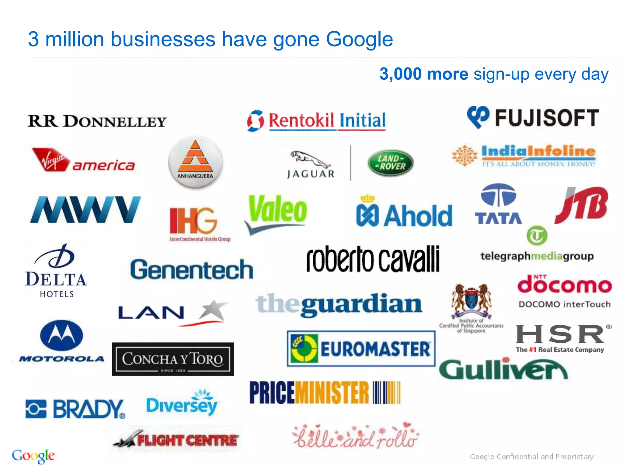 3 million businesses have gone Google
                                   3,000 more sign-up every day
 